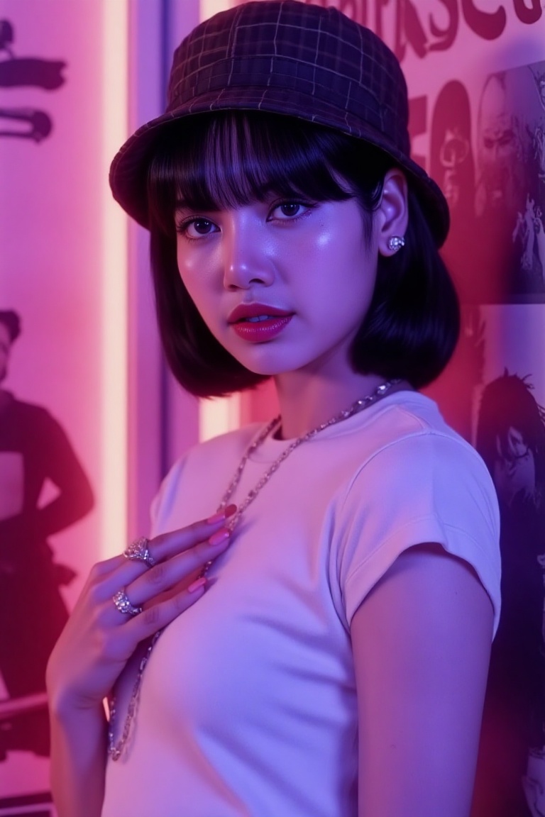 A hyper-realistic portrait of a fierce modern bad girl illuminated by vibrant neon lighting. She has short,  sleek hair an...