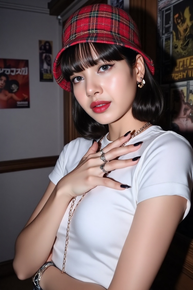 A hyper-realistic portrait of a fierce modern bad girl with a confident and rebellious vibe. She has short,  sleek hair st...