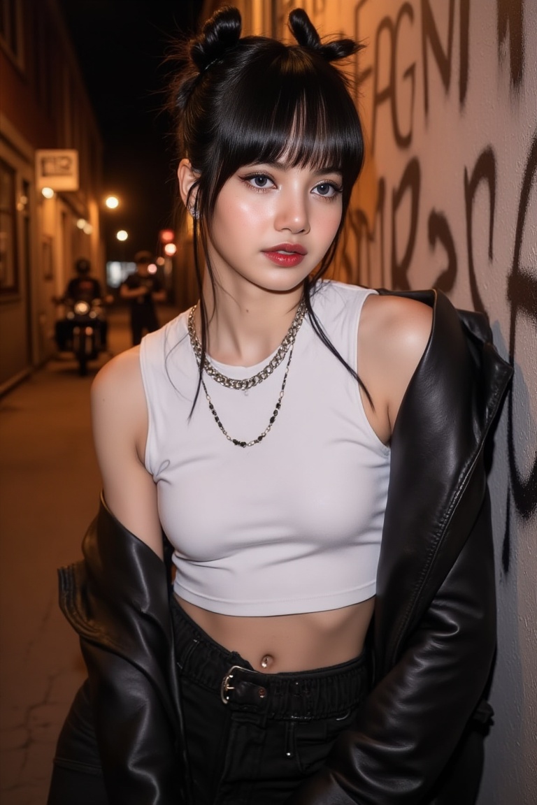 A striking close-up of a bold,  modern bad girl exuding raw confidence and street-style allure. She wears a fitted white *...