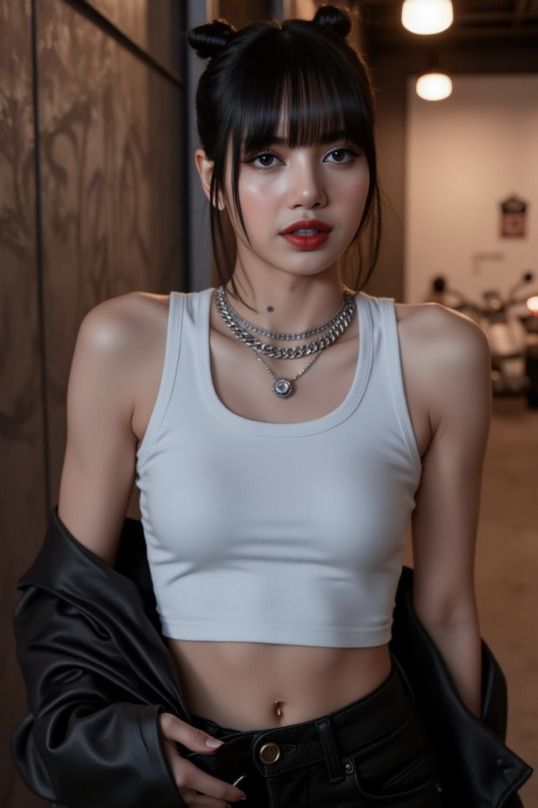 A striking close-up of a bold,  modern bad girl exuding raw confidence and street-style allure. She wears a fitted white *...
