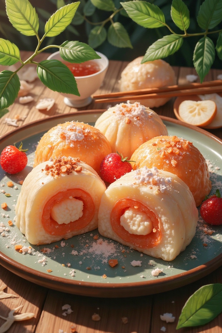 A professional 4K Ultra-HD illustration of a close-up delicious mochi on a plate. Lush natural elements frame the scene,...