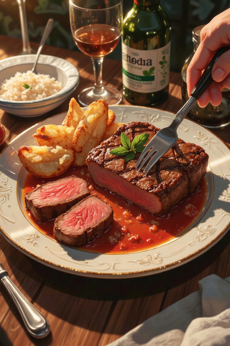 A professional 4K Ultra-HD illustration inspired by Studio Ghibli and Makoto Shinkai,  showcasing a plate of steak and sli...