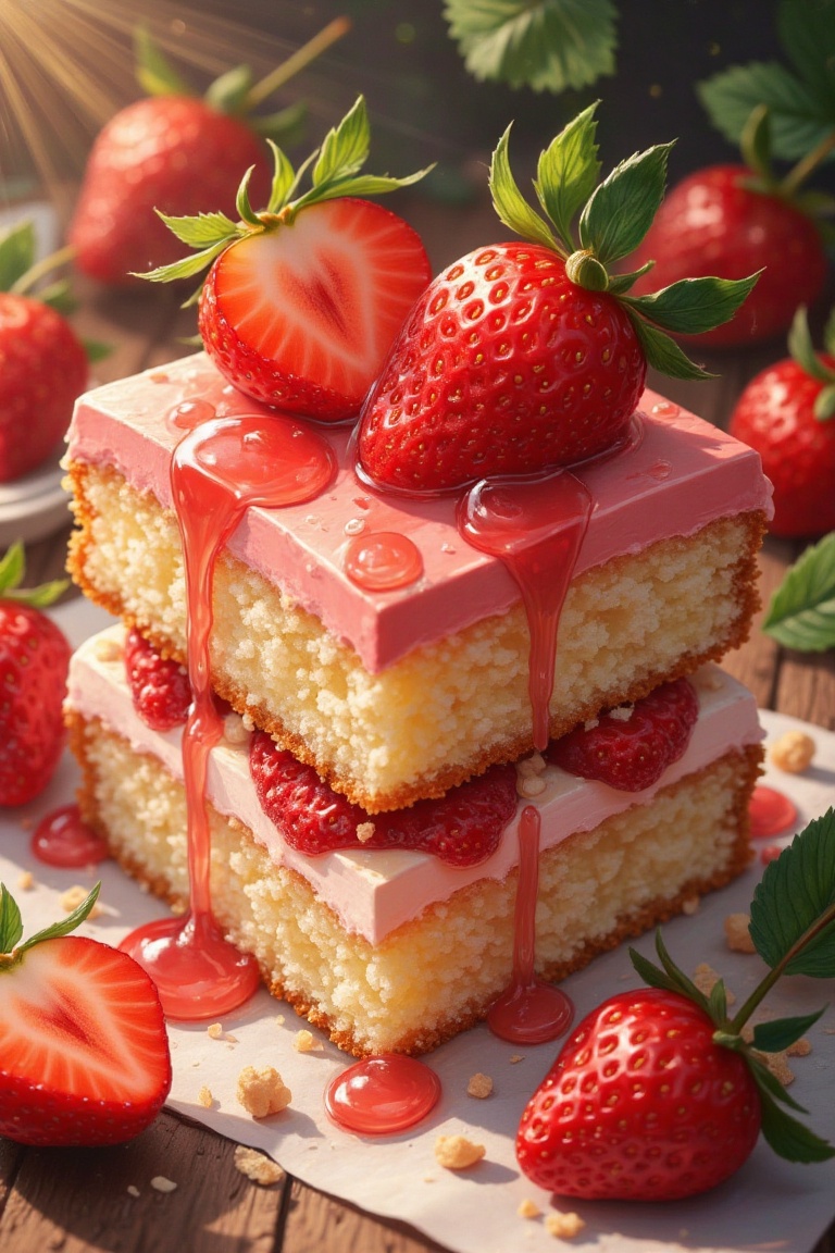 A professional 4K Ultra-HD illustration of a close-up,  delicious slice of strawberry cake. Lush natural elements surround...