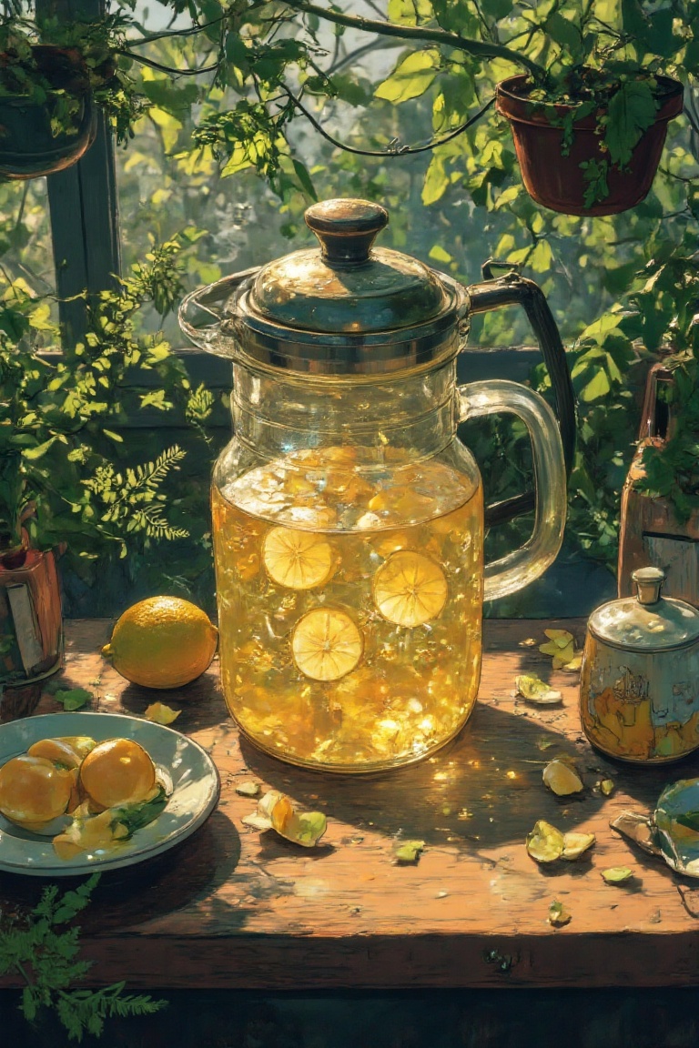 A semi-realistic anime-style illustration of a whimsical scene. In a close-up shot,  a jug of freshly brewed lemonade sits...