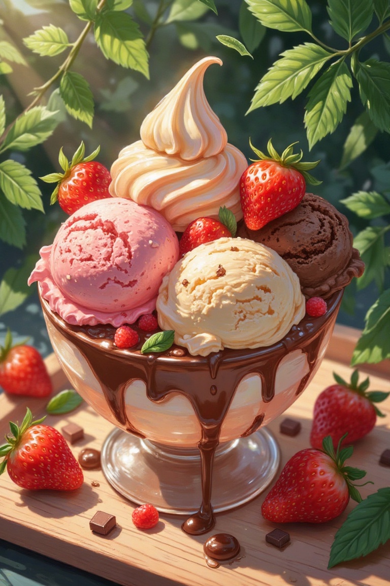 A professional 4K Ultra-HD wallpaper illustration featuring a bowl of delicious ice cream. Lush natural elements surround...