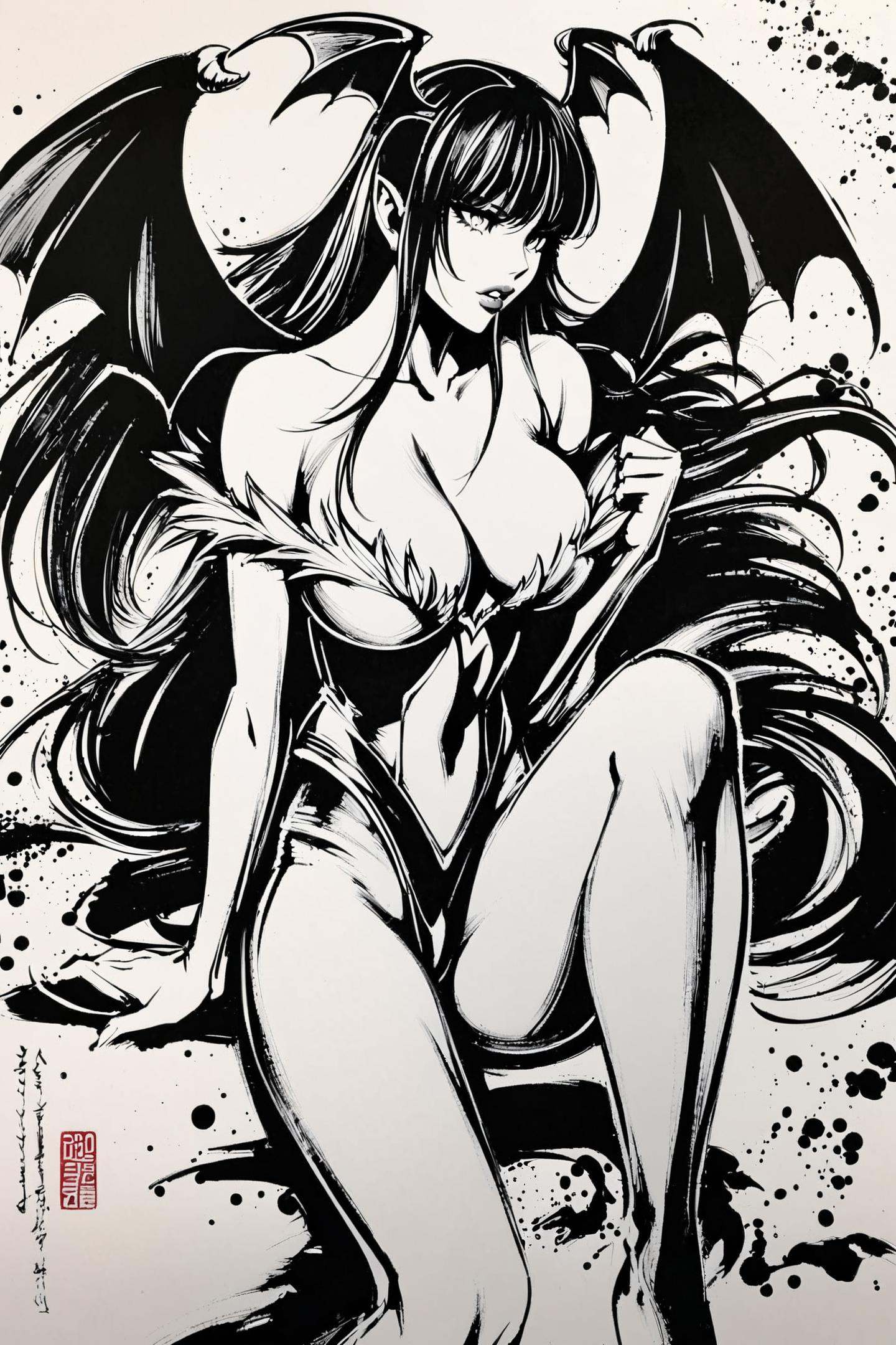 monochrome,  greyscale,  morrigan aensland on Tensor.Art