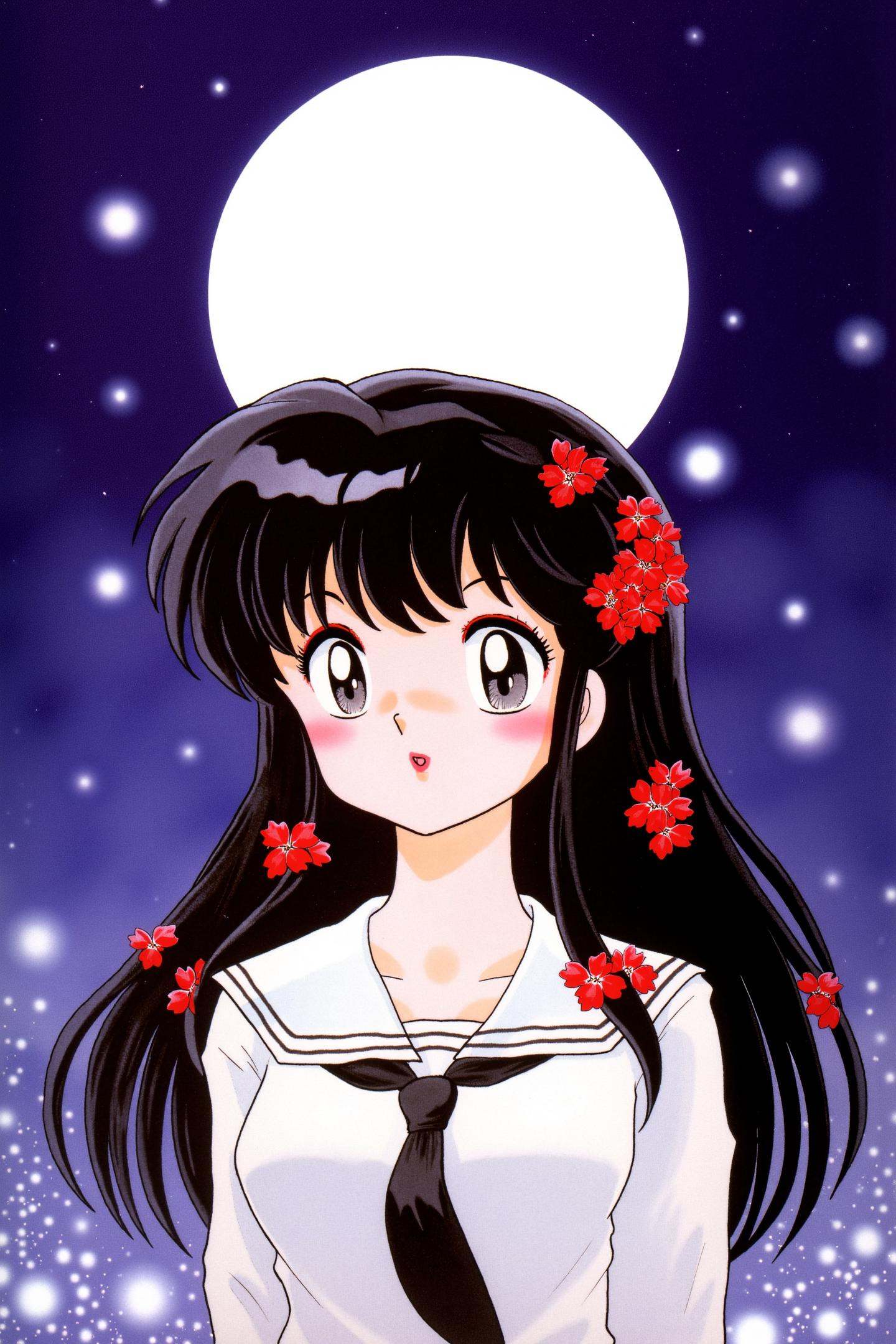 Enma Ai,  a young girl with long,  flowing black hair adorned with vibrant red flowers. She is wearing a school uniform th...