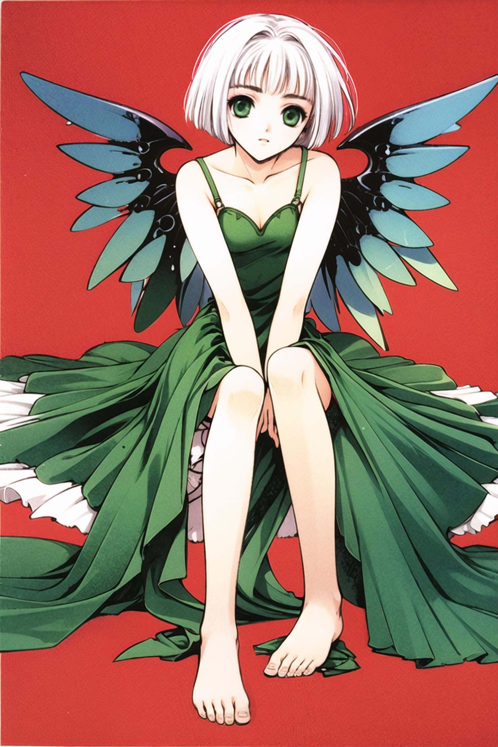 clover, 1girl, solo, barefoot, short hair, feet, soles, white hair, wings, dress, red background, bob cut, sitting, green eyes, <lora:clover:0.9>