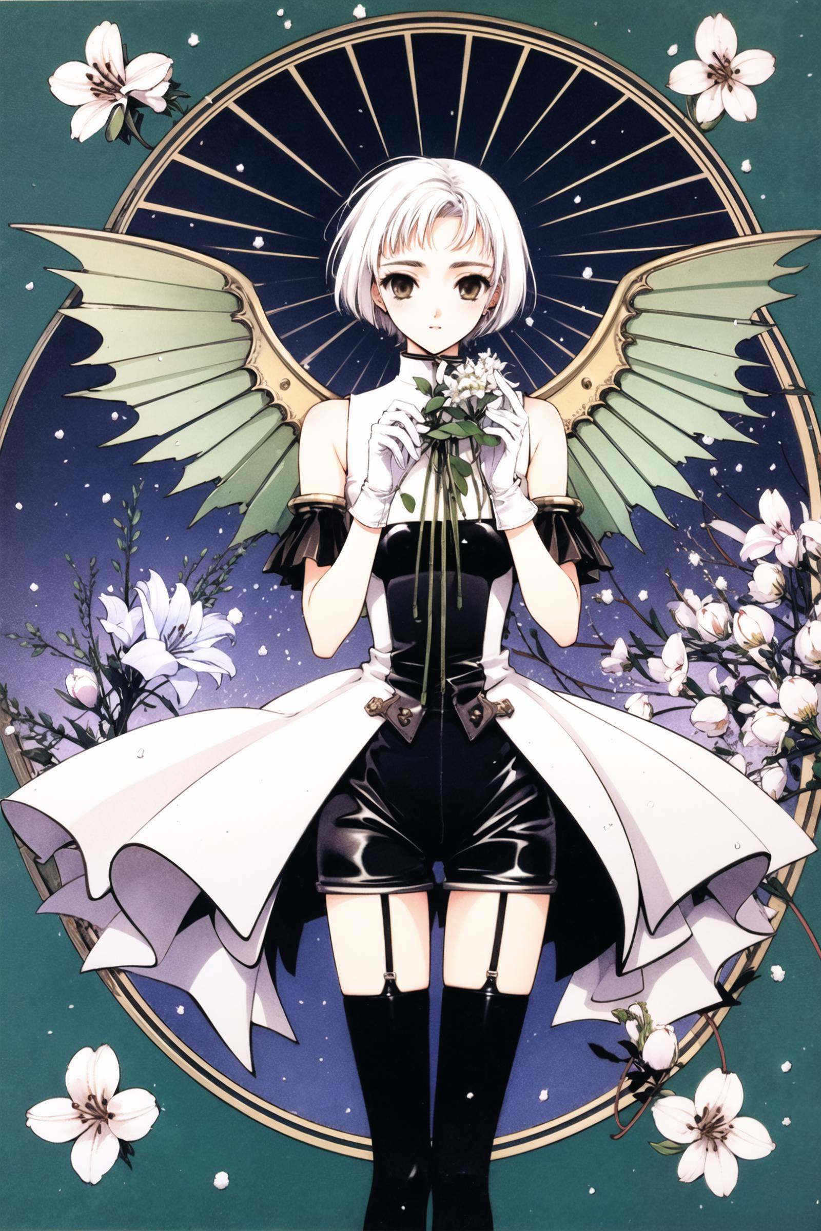 clover, 1girl, solo, thighhighs, gloves,flower,  lily (flower), short hair, white hair, garter straps, shorts, black thighhighs, white gloves, retro artstyle, wings, snow, looking at viewer, snowing, holding flower, <lora:clover:0.8>