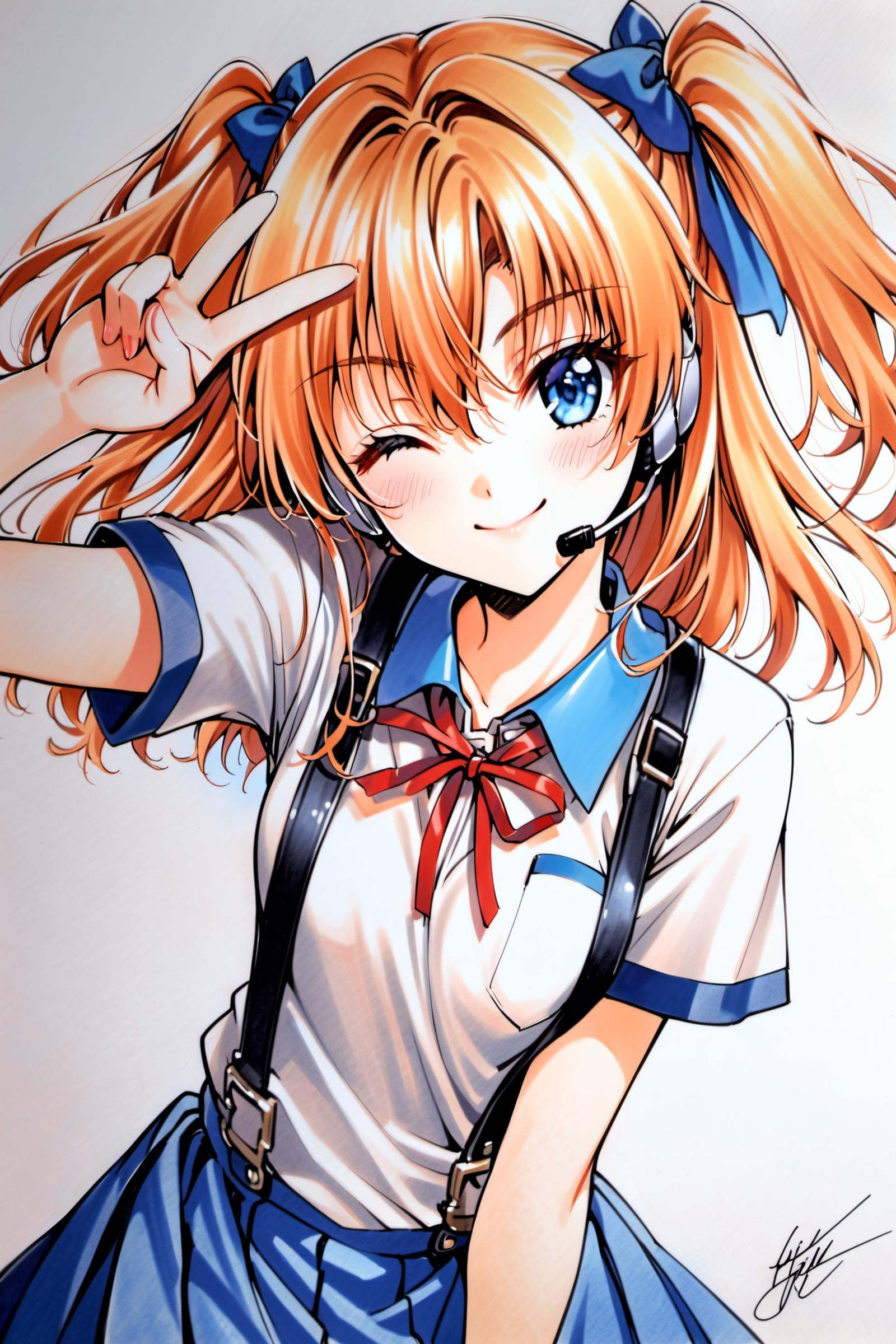 1girl,souryuu asuka langley,solo,long hair,school uniform,blue eyes,smile,white background,ribbon,shirt,simple background,v,one eye closed,orange hair,short sleeves,skirt,red ribbon,neck ribbon,white shirt,bangs,hair between eyes,looking at viewer,tokyo-3 middle school uniform,signature,closed mouth,two side up,hair ornament,suspender skirt,interface headset,suspenders,traditional media,cowboy shot,blue skirt,<lora:clover_XL:0.8>,