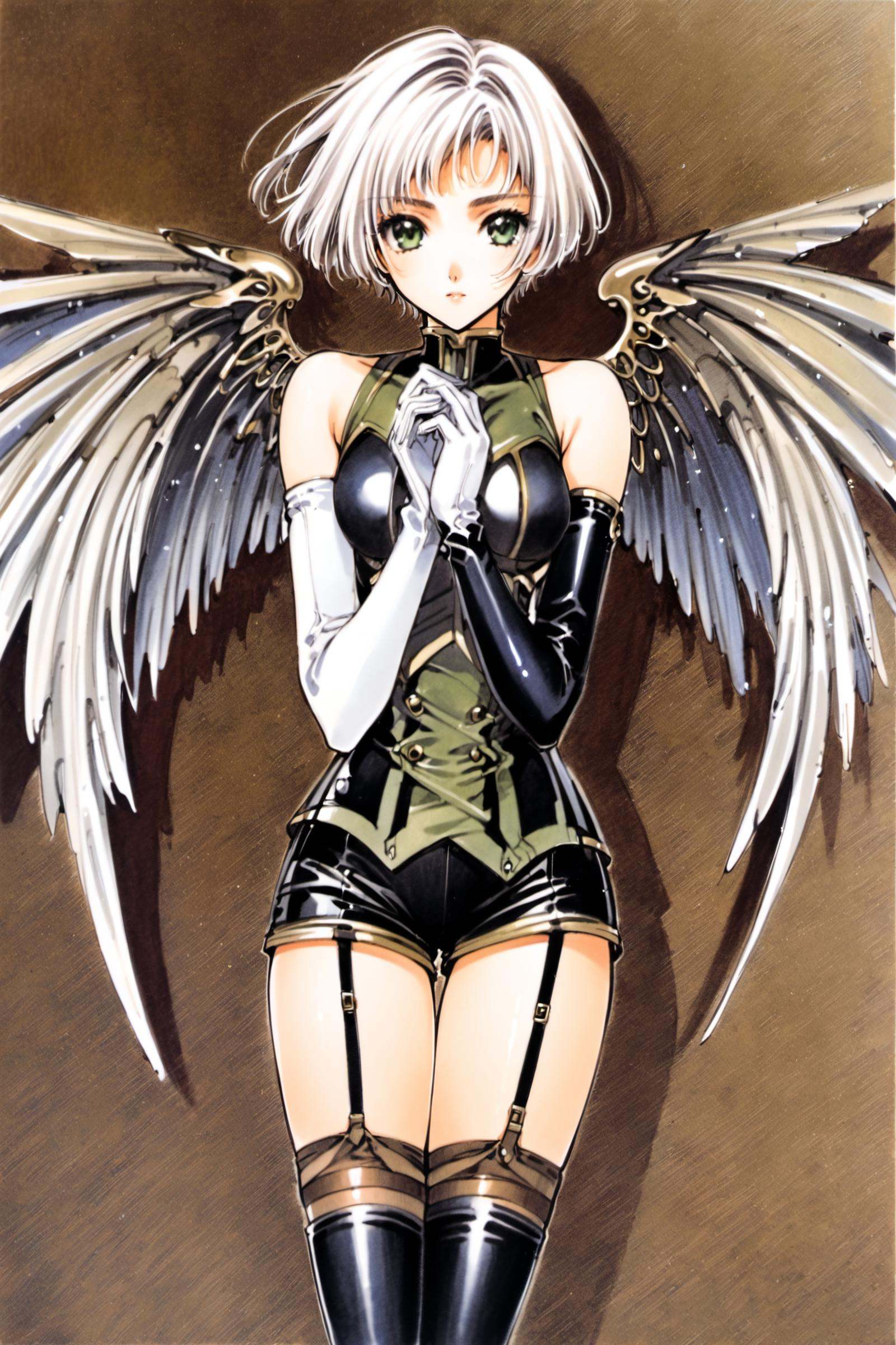 Sue,1girl,solo,thighhighs,gloves,wings,short hair,elbow gloves,white hair,green eyes,garter straps,own hands together,shorts,black thighhighs,white gloves,grey eyes,traditional media,<lora:clover_XL:0.9>,