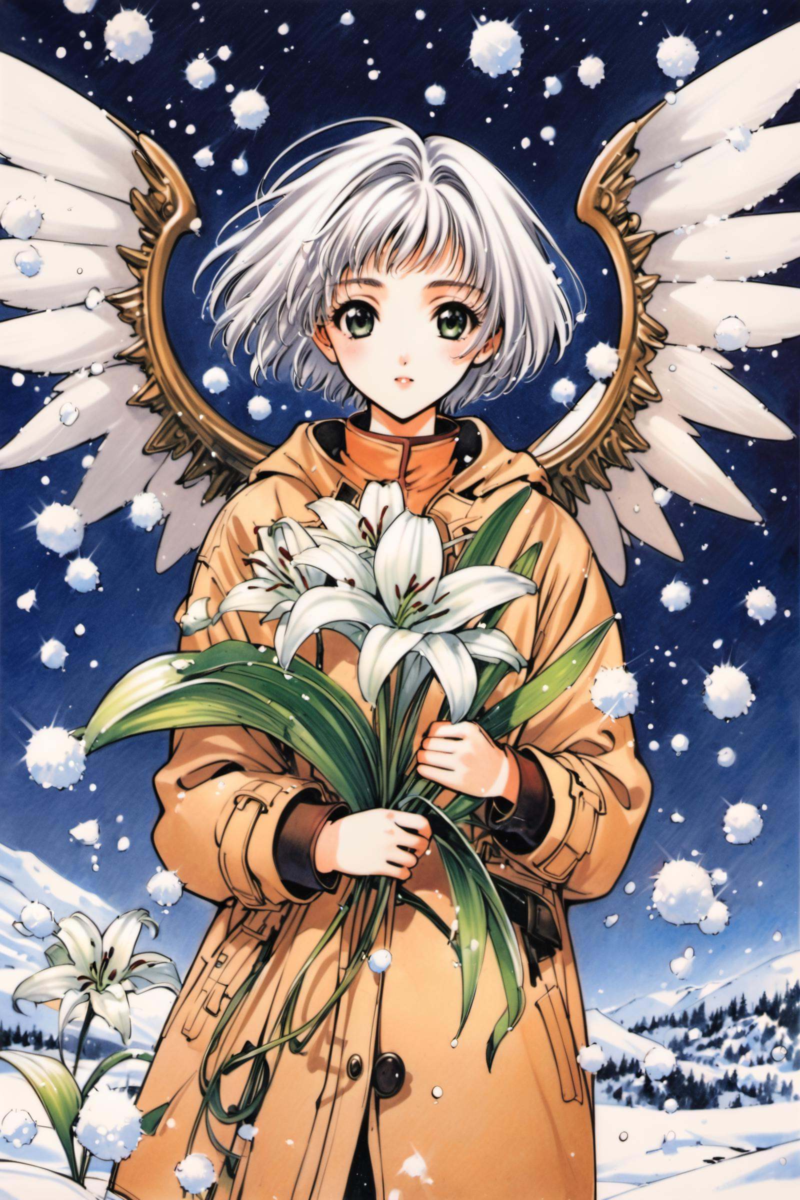 Sue, 1girl, solo, flower, 1990s (style), lily (flower), short hair, white hair, retro artstyle, hood, wings, coat, long sleeves, snow, looking at viewer, snowing, holding,traditional media,<lora:clover_XL:0.8>,