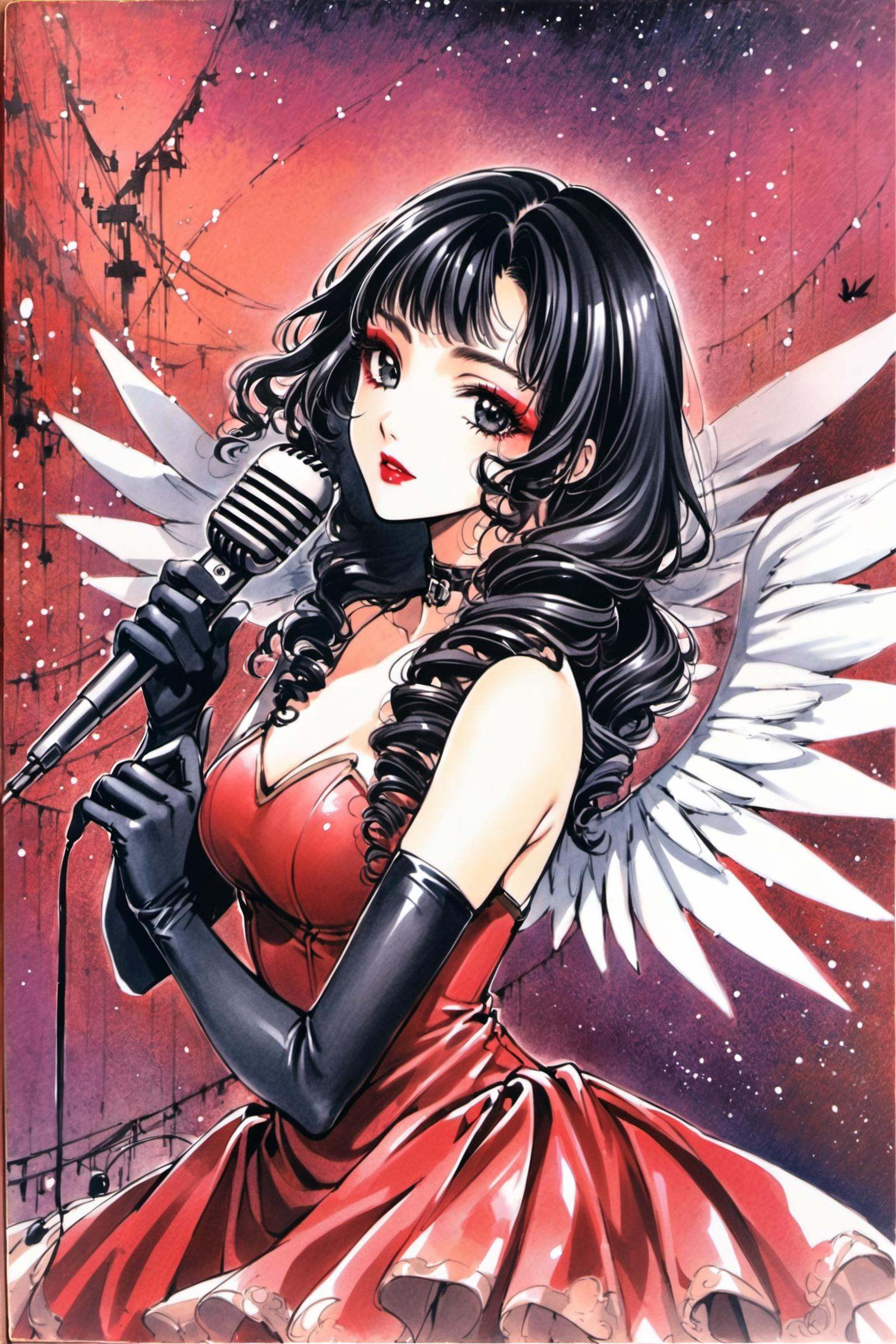 1girl,solo,gloves,black hair,wings,elbow gloves,dress,makeup,black gloves,curly hair,red lips,lipstick,looking at viewer,drill hair,bare shoulders,sleeveless,long hair,breasts,black eyes,microphone,white wings,bird,traditional media,<lora:clover_XL:0.8>,