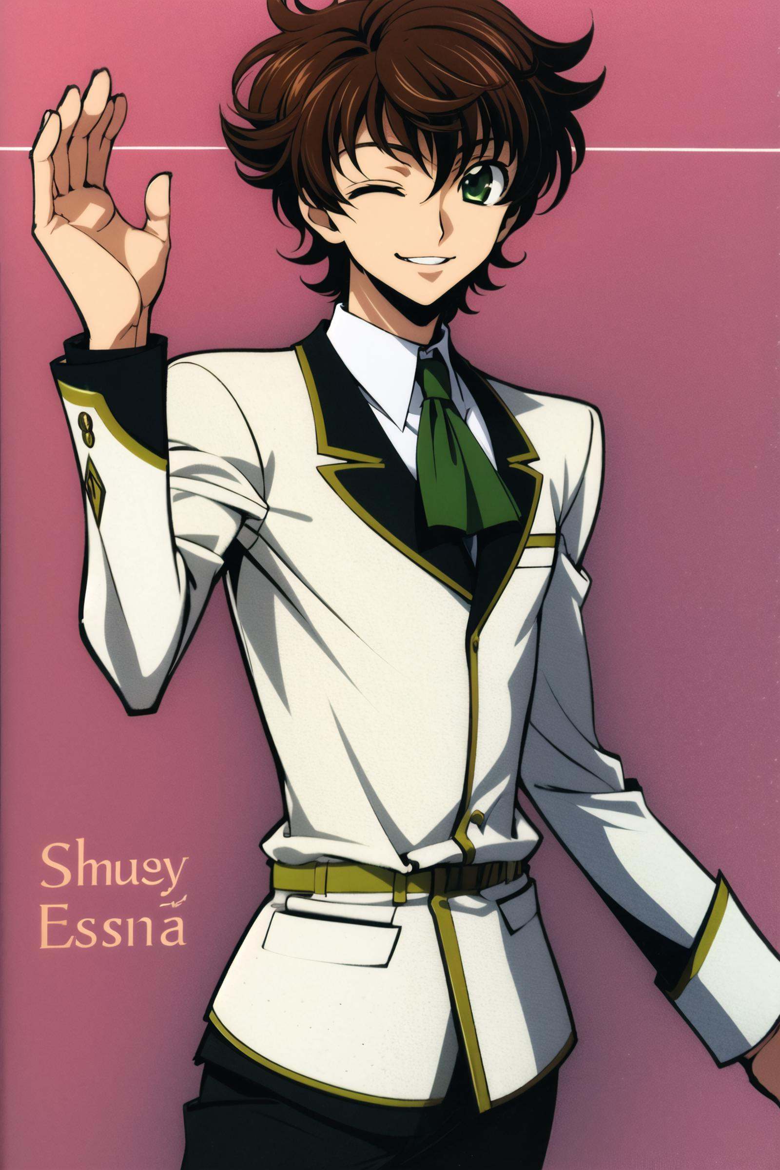 1boy, solo, male focus, brown hair, ashford academy school uniform, green eyes, one eye closed, school uniform, uniform, kururugi suzaku, smile, <lora:Takahiro Kimura:0.8>