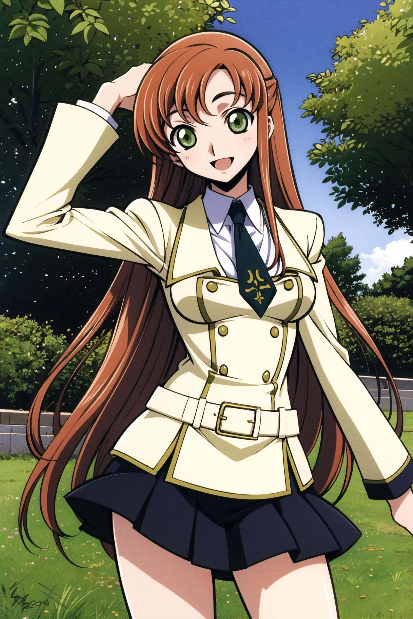 highres, hmshir, long hair, green eyes, school uniform, yellow jacket, black skirt, necktie, pleated skirt, cowboy shot, outdoors, smile,  <lora:Takahiro Kimura:0.8>,<lora:shirley fenette:0.5>
