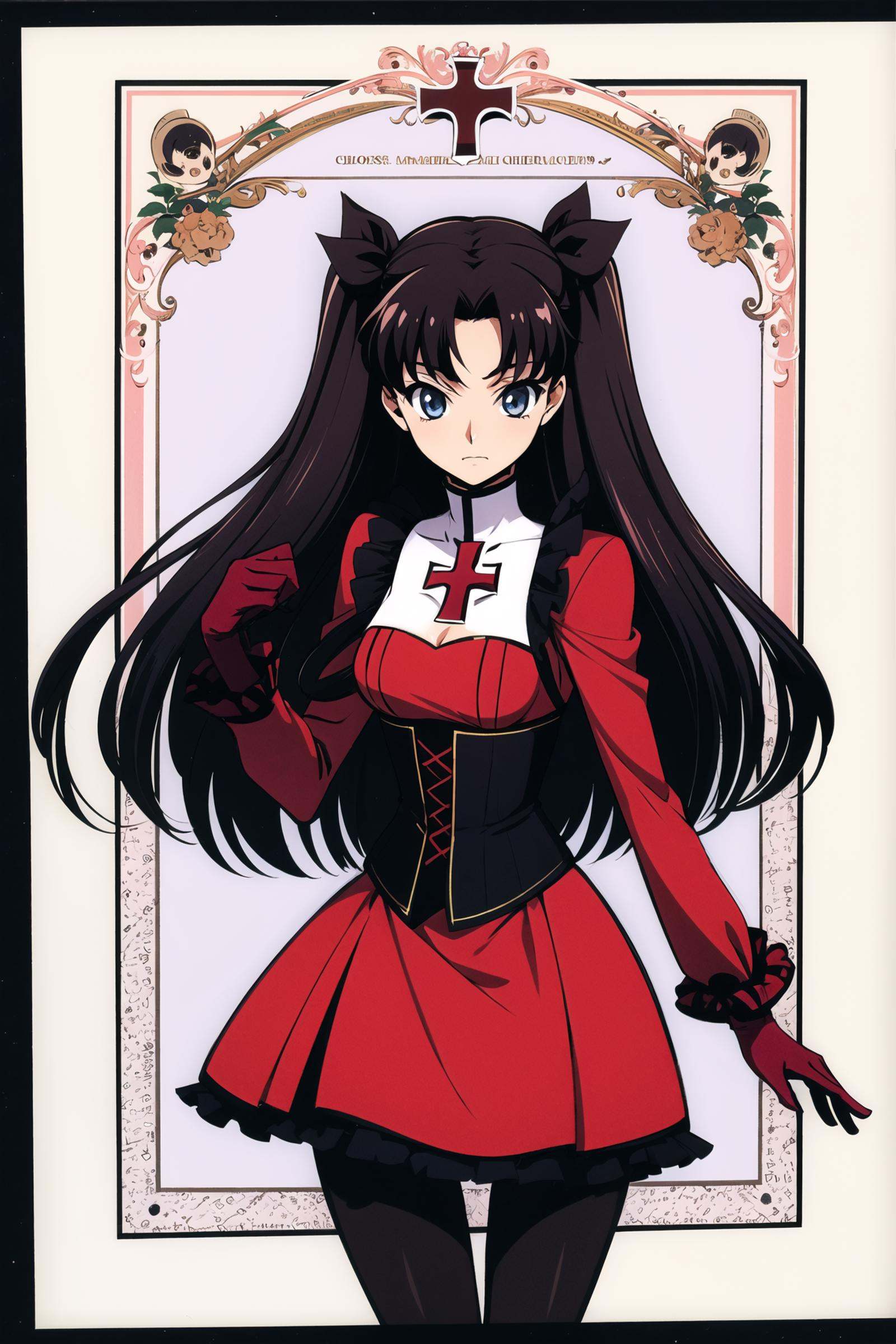 1girl, solo, tohsaka rin, red shirt, cross, long hair, skirt, shirt, white background, gloves, black skirt, necklace, jewelry, simple background, looking at viewer, bow, black hair, bangs, long sleeves, two side up, corset, black gloves, blue eyes, hair bow, ribbon, pantyhose, cross necklace, black pantyhose, latin cross, closed mouth, parted bangs, bowtie, black bow, hair ribbon, red bow, standing, <lora:Takahiro Kimura:0.8>