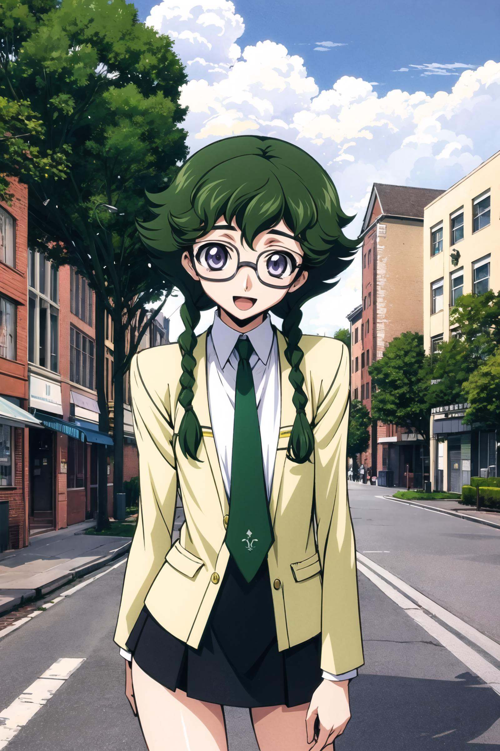 1girl, solo, happy, smile, open mouth, Nina_Einstein_S1, green hair, twin braids, bangs, short hair, purple eyes, blue eyes, glasses, rimless eyewear, BREAK ashford academy school uniform, yellow jacket, white shirt, collared shirt, long sleeves, green necktie, (black skirt:1.2), miniskirt, standing,outdoors, school, looking at viewer, pov, upper body, <lora:Takahiro Kimura:0.8>,<lora:Nina Einstein:0.5>