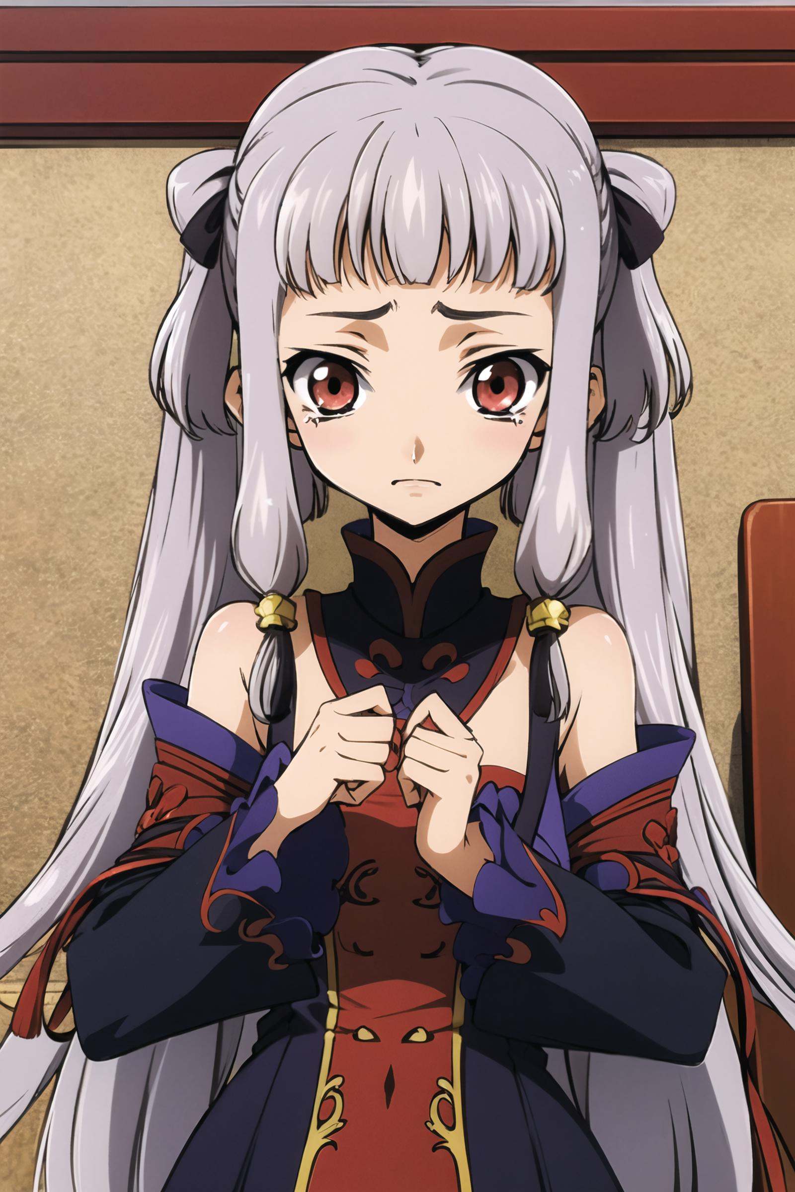 1girl, solo, tears, sad, Tianzi_V2, grey hair, long hair, sidelocks, blunt bangs, hair tubes, quad tails, hair rings, hair ornament, red eyes, chinese clothes, dress, bare shoulders, detached collar, detached sleeves, long sleeves, puffy sleeves, indoors, looking at viewer, facing viewer, upper body, portrait, <lora:Takahiro Kimura:0.8>,<lora:Tianzi:0.6>