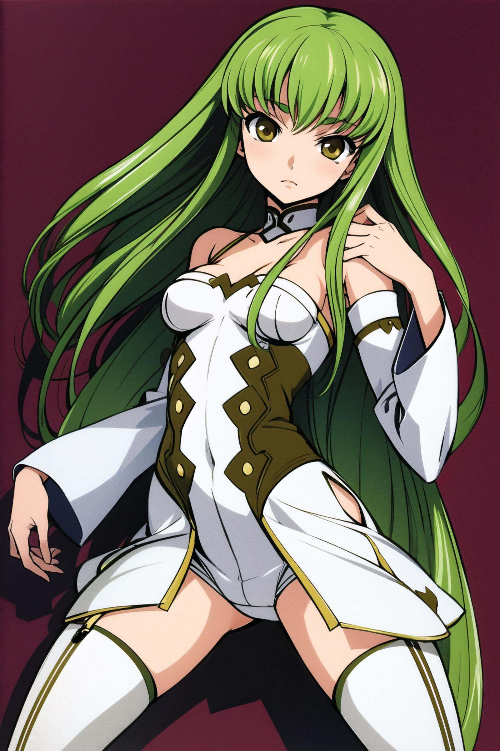 cowboy shot, solo, 1girl, c.c., expressionless, green hair, looking at viewer, s2outfit, detached sleeves, white shorts, thighhighs, bare shoulders, <lora:Takahiro Kimura:0.8>