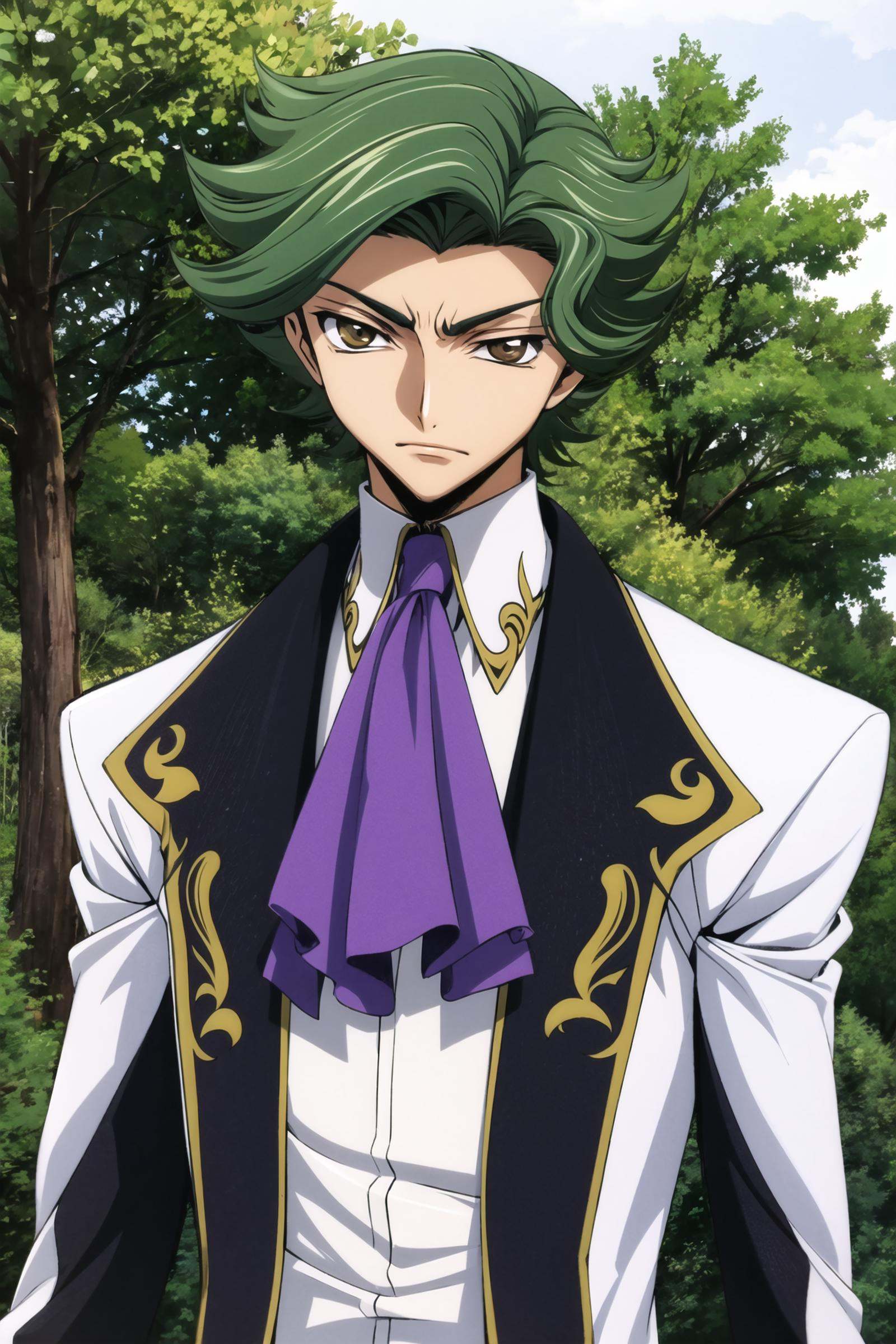 1boy, male focus, solo, Jeremiah_Chugi_Wald, blue hair, green hair, short hair, brown eyes, (mask:1.1), white jacket, jacket, long sleeves, ascot, purple ascot, formal, shirt, white gloves, standing, outdoors, portrait,  <lora:Takahiro Kimura:0.8>,<lora:Jeremiah Gottwald:0.5>