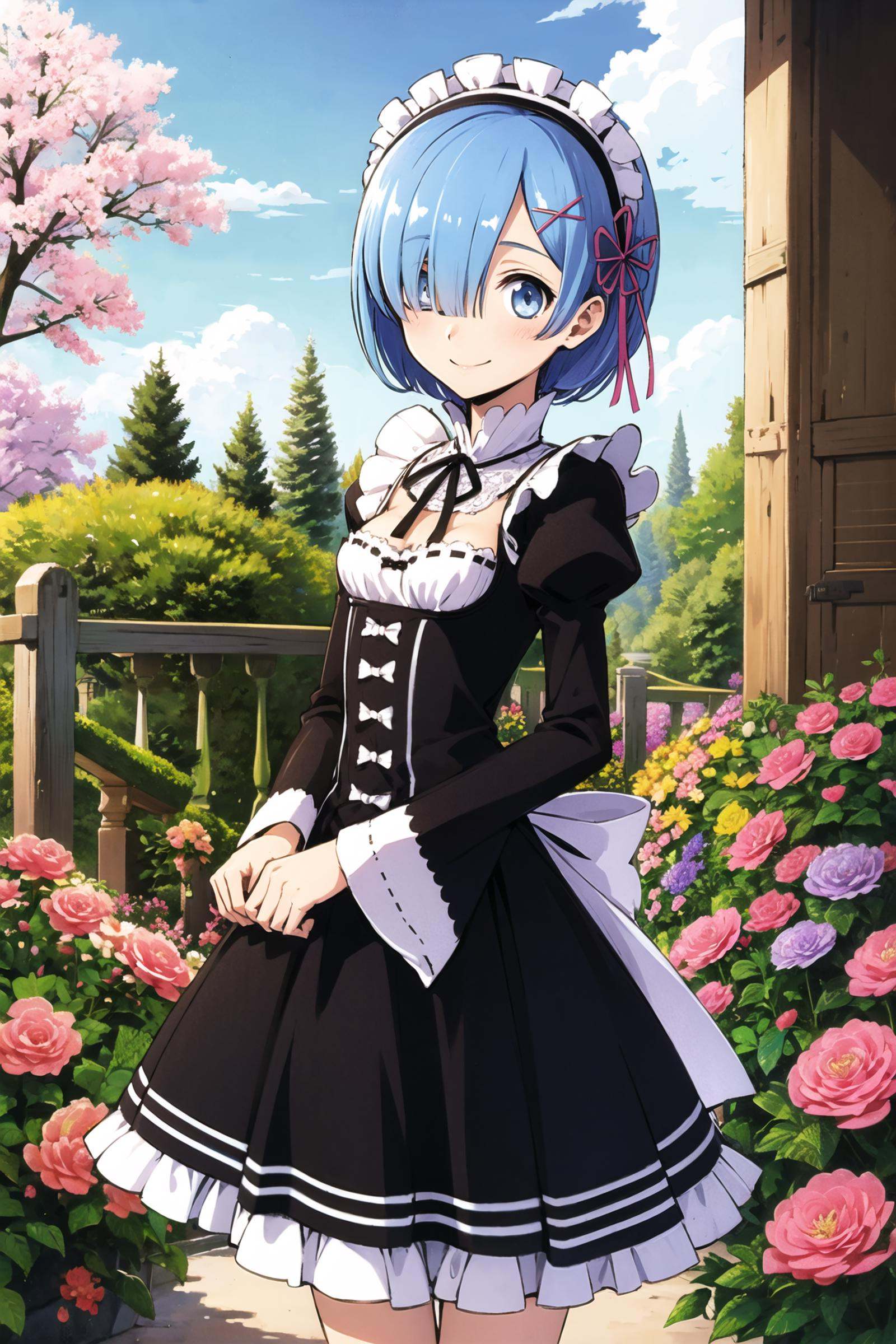 rem (re:zero), 1girl, solo, roswaal mansion maid uniform, twins, siblings, short hair, blue hair, blue eyes, maid, ribbon, hair ornament, hair over one eye, smile, looking at viewer, x hair ornament, hair ribbon, black ribbon,maid headdress, white apron, bangs, breasts, small breasts, long sleeves, dress, wide sleeves, standing, shiny, (flower:1.5), <lora:Takahiro Kimura:0.8>