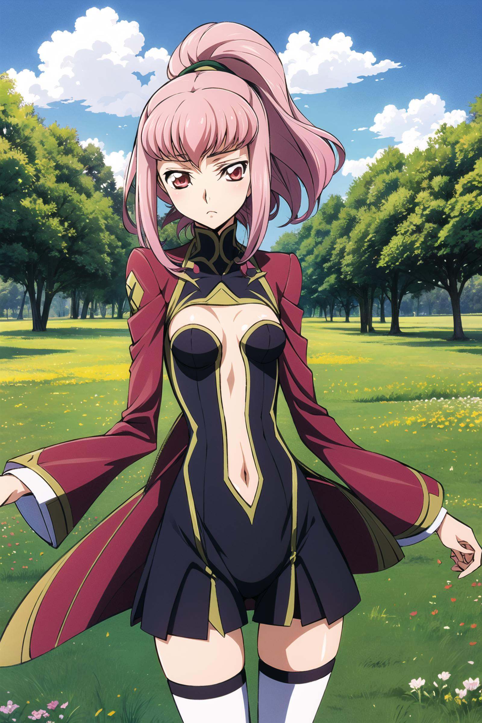 1girl, small breasts, Anya Alstreim, codeGeass, collared leotard, white leotard, long sleeves, navel cutout, thighs, pink thighhighs, pink hair, short ponytail, red eyes, (expressionless), standing, cowboy shot, solo, grasslands, forest, outdoors, <lora:Takahiro Kimura:0.8>,<lora:Anya Alstreim:0.5>