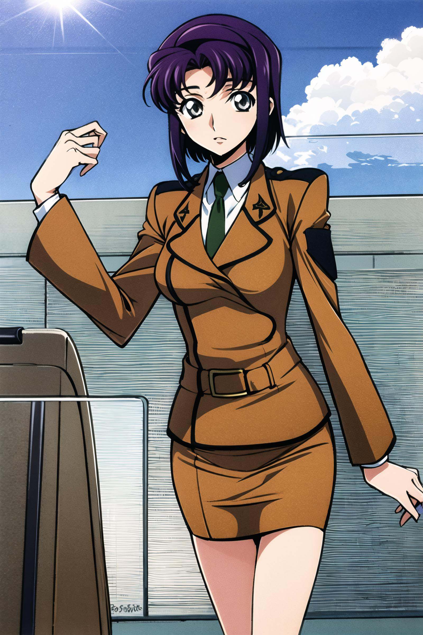 cecile croomy, (cowboy shot:1.2), solo, 1girl, short hair, sidelocks, ears visible through hair, grey eyes, bare legs light brown military uniform, light brown pencil skirt, green necktie, sky, sun,  <lora:Takahiro Kimura:0.8>,<lora:Cecile Croomy:0.6>