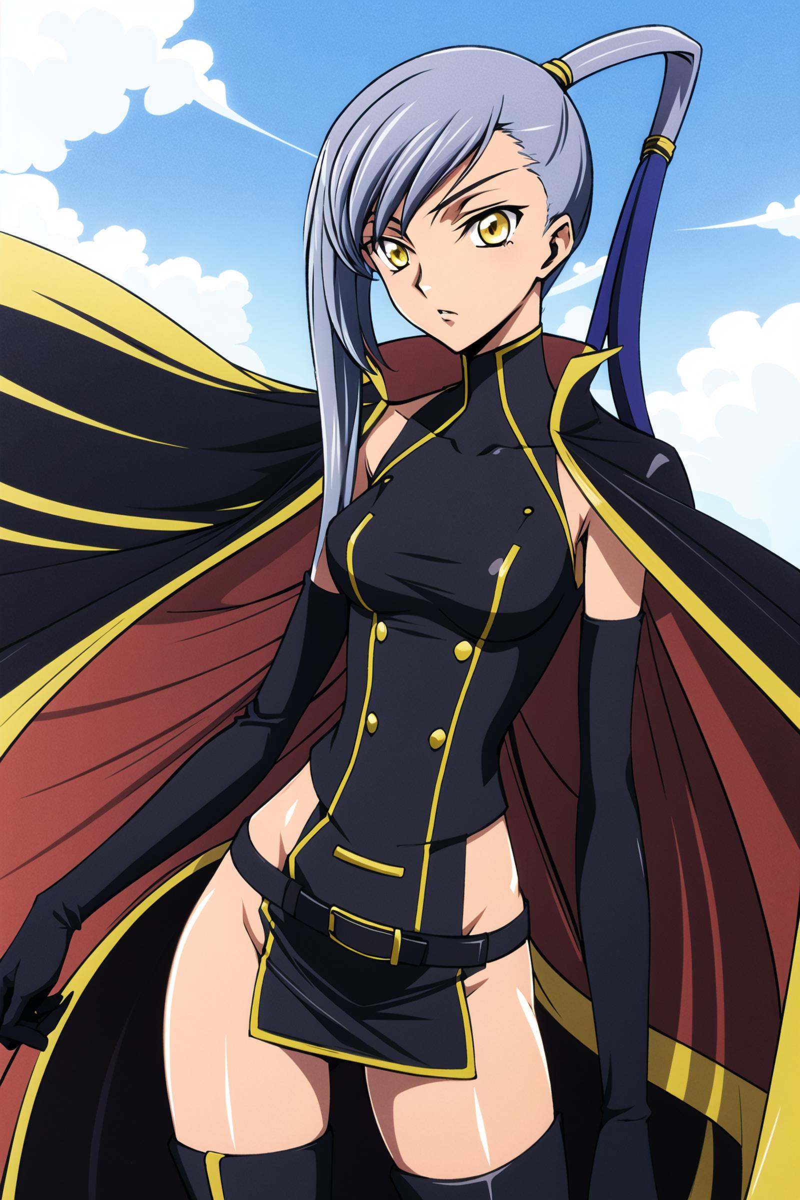 1girl, solo, thighhighs, elbow gloves, skirt, long hair, yellow eyes, ponytail,  thigh boots, black cape, blue sky, standing, upper body, <lora:Takahiro Kimura:0.8>,<lora:Villetta-000007:0.6>