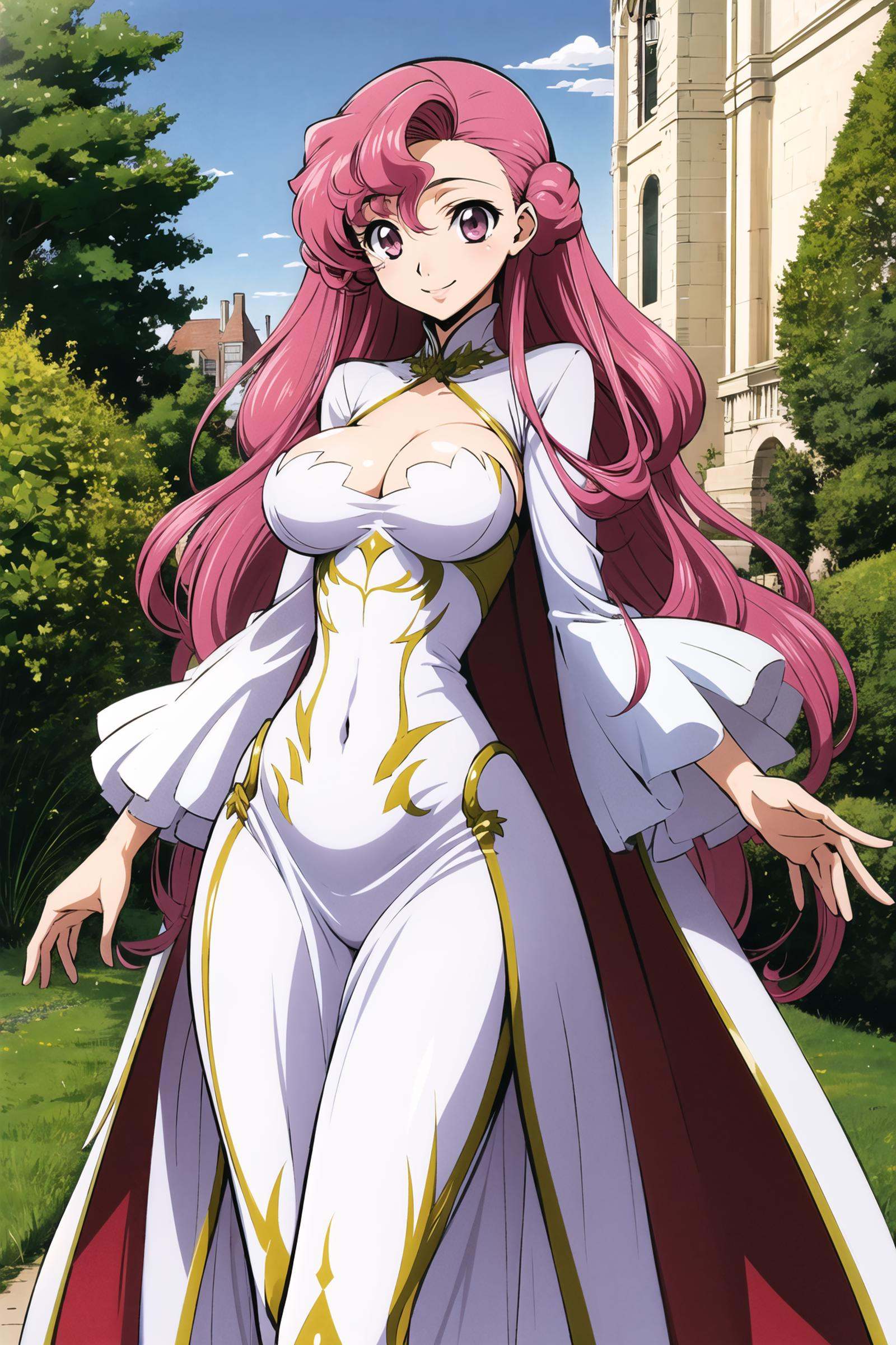 1girl, solo, euphemia_li_britannia, pink hair, very long hair, dress, bodysuit, large breasts, wide hips, standing, out stance, smile, outdoors, perfect lighting,  <lora:Takahiro Kimura:0.8>,<lora:euphemia li britannia:0.5>