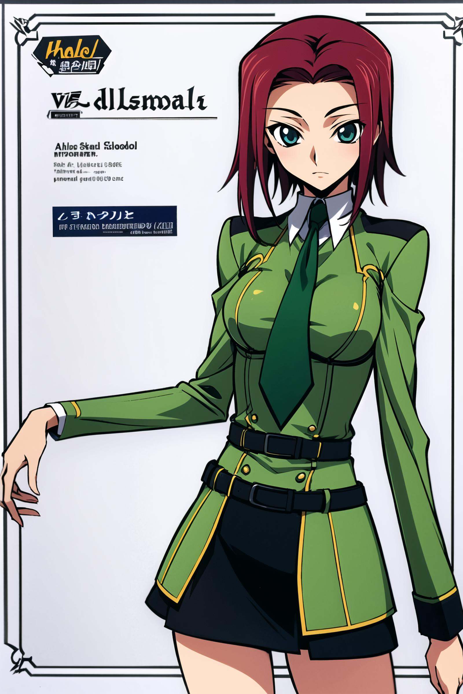 1girl, solo, kallen stadtfeld, red hair, short hair, blue eyes, kallen school uniform, cowboy shot, (green_necktie, black skirt, yellow uniform, ashford_academy_uniform:1.3), highhighs, simple background, white background, <lora:Takahiro Kimura:0.8>, <lora:Kallen Stadtfeld:0.5>