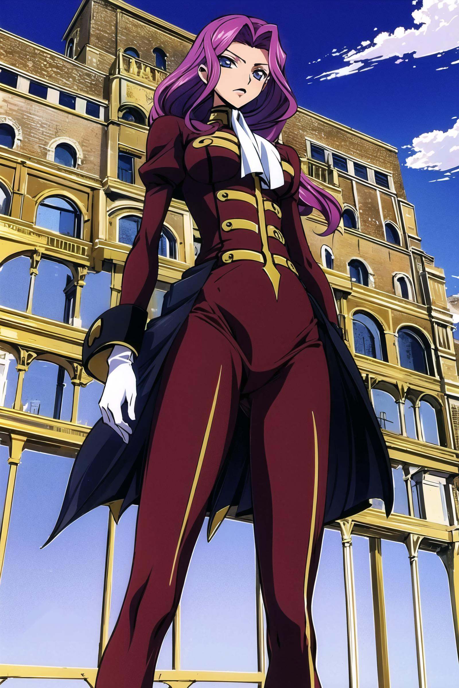 Cornelia Li Britannia, 1girl, solo, standing, cornelia_military_uniform,highres, sky, cloud, <lora:Takahiro Kimura:0.8>,<lora:cornelia_li_britannia:0.6>