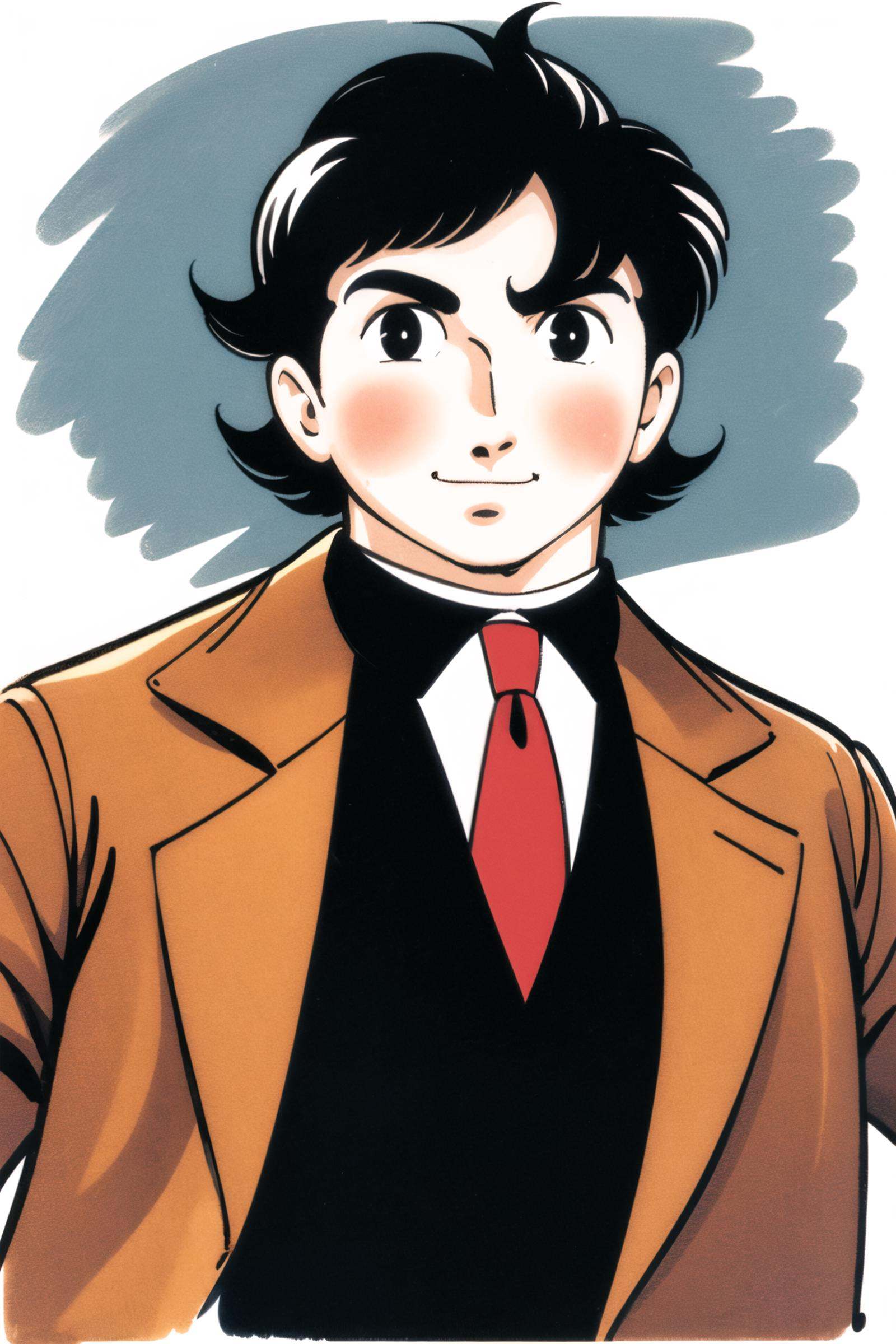 1boy, solo, male focus, necktie, black hair, white background, simple background, upper body, formal, smile, suit, looking at viewer, black eyes, striped necktie, retro artstyle, jacket, blush, striped, shirt, adjusting necktie,<lora:Tezuka Osamu:0.8>