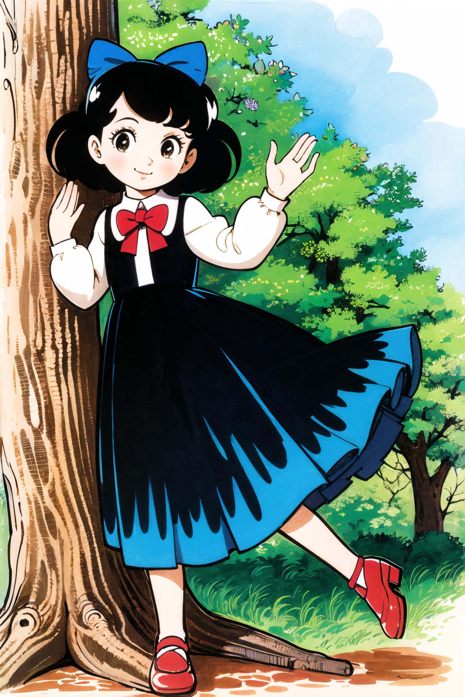 1girl, dress, black hair, white dress, skirt hold, nature, long sleeves, short hair, puffy sleeves, bow, smile, tree, painting (medium), traditional media, hair bow,<lora:Tezuka Osamu:0.8>
