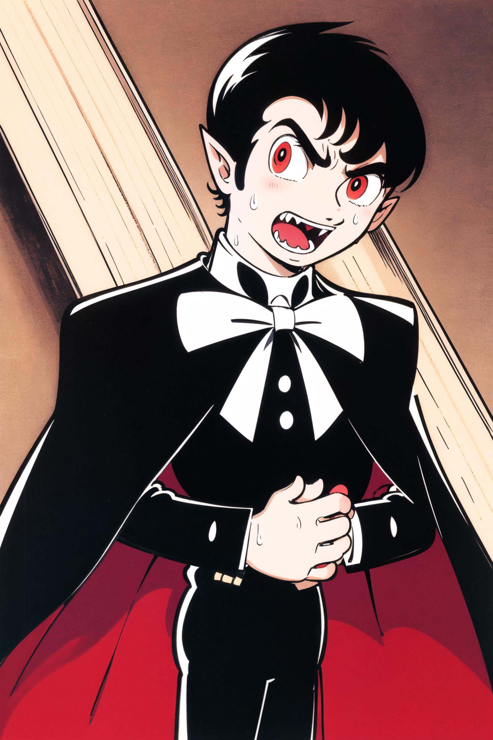 1boy, male focus, vampire, pointy ears, black hair, colored skin, red eyes, cape, traditional media, solo, own hands together, fangs, open mouth, black cape, long sleeves, sweat,coffin, teeth,<lora:Tezuka Osamu:0.8>