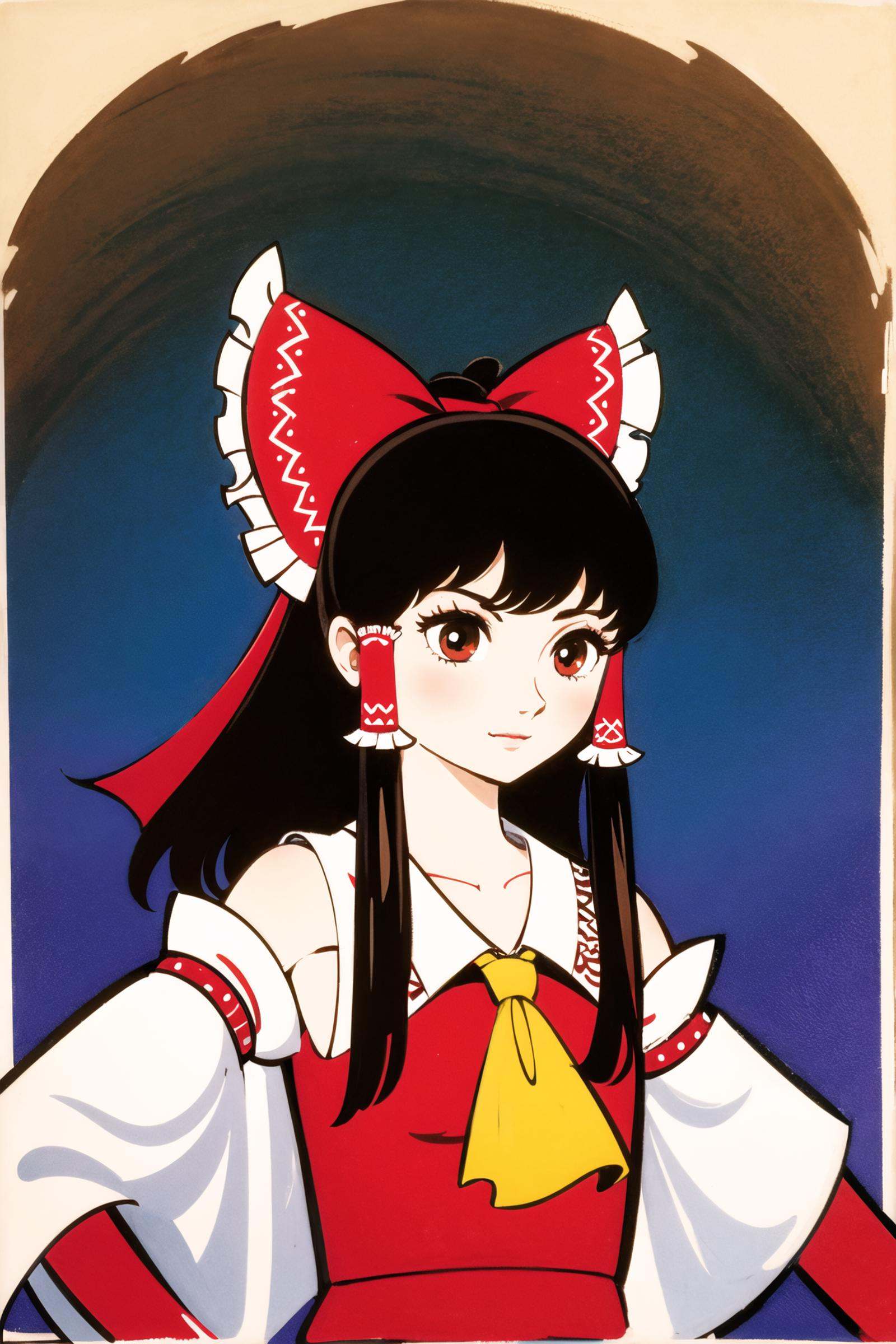 1girl, solo, hakurei reimu, bow, detached sleeves, hair bow, gohei, red bow, alternate costume, ofuda, brown hair, long hair, hair tubes, ribbon,upper body, <lora:Tezuka Osamu:0.8>