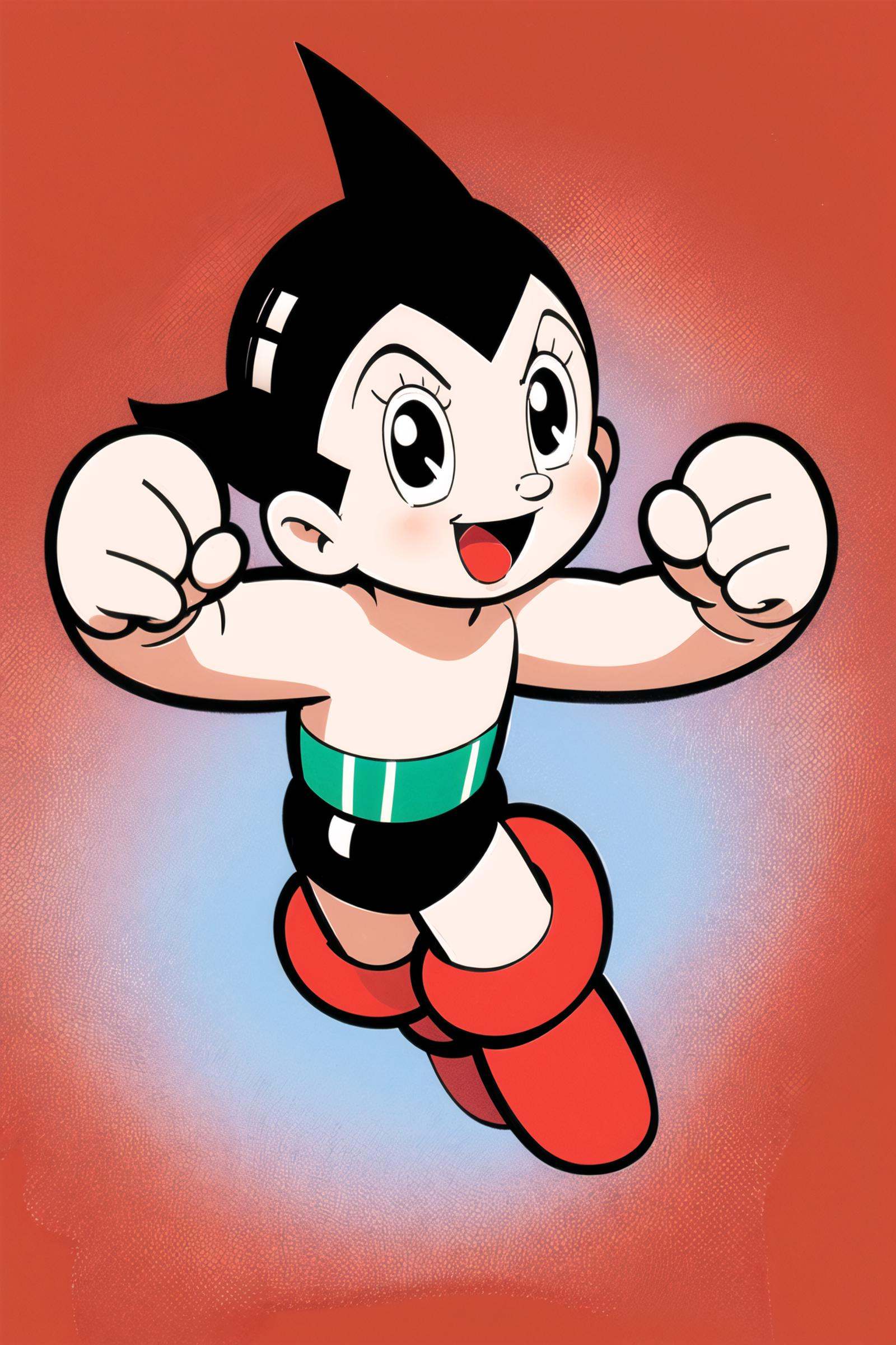 Mighty Atom, solo, male focus, 1boy, black hair, smile, open mouth, topless male, simple background, red footwear, full body, :d, black eyes, parody, clenched hands, gradient, orange background, arm up, gradient background, boots, <lora:Tezuka Osamu:0.8>