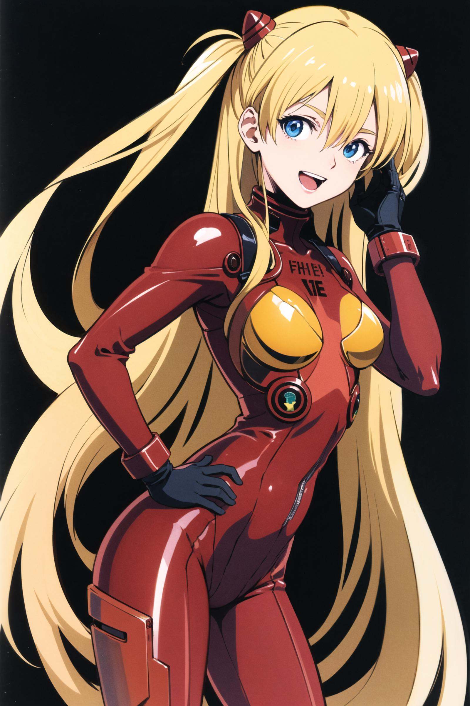 1girl, long hair, plugsuit, bodysuit, souryuu asuka langley, pilot suit, bracer, blue eyes, smile, open mouth, breasts, bangs, turtleneck, solo, cowboy shot, :d, hair between eyes, gloves, (red bodysuit:1.5), small breasts,looking at viewer, headgear, two side up, hand on hip, skinny, adjusting hair, narrow waist, standing, brown hair, science fiction,hand up, shiny clothes, hair ornament, happy, from side, shiny, skin tight, (simple background:1.5), (black background:1.5),   <lora:Daisuke Ishiwatari:0.8>