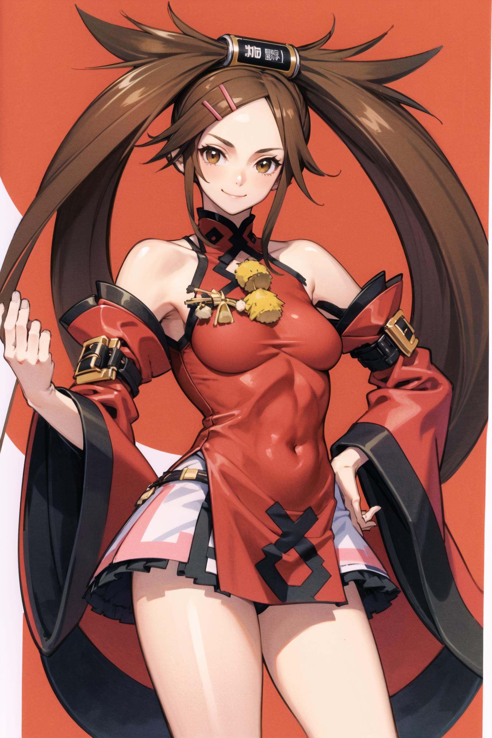 cowboy shot, solo, 1girl, kuradoberi jam, smile, looking at viewer, hand on hip, hairclip, china dress, detached sleeves, wide sleeves, bare shoulders, <lora:Daisuke Ishiwatari:0.6>, <lora:Jam Kuradoberi:0.8>