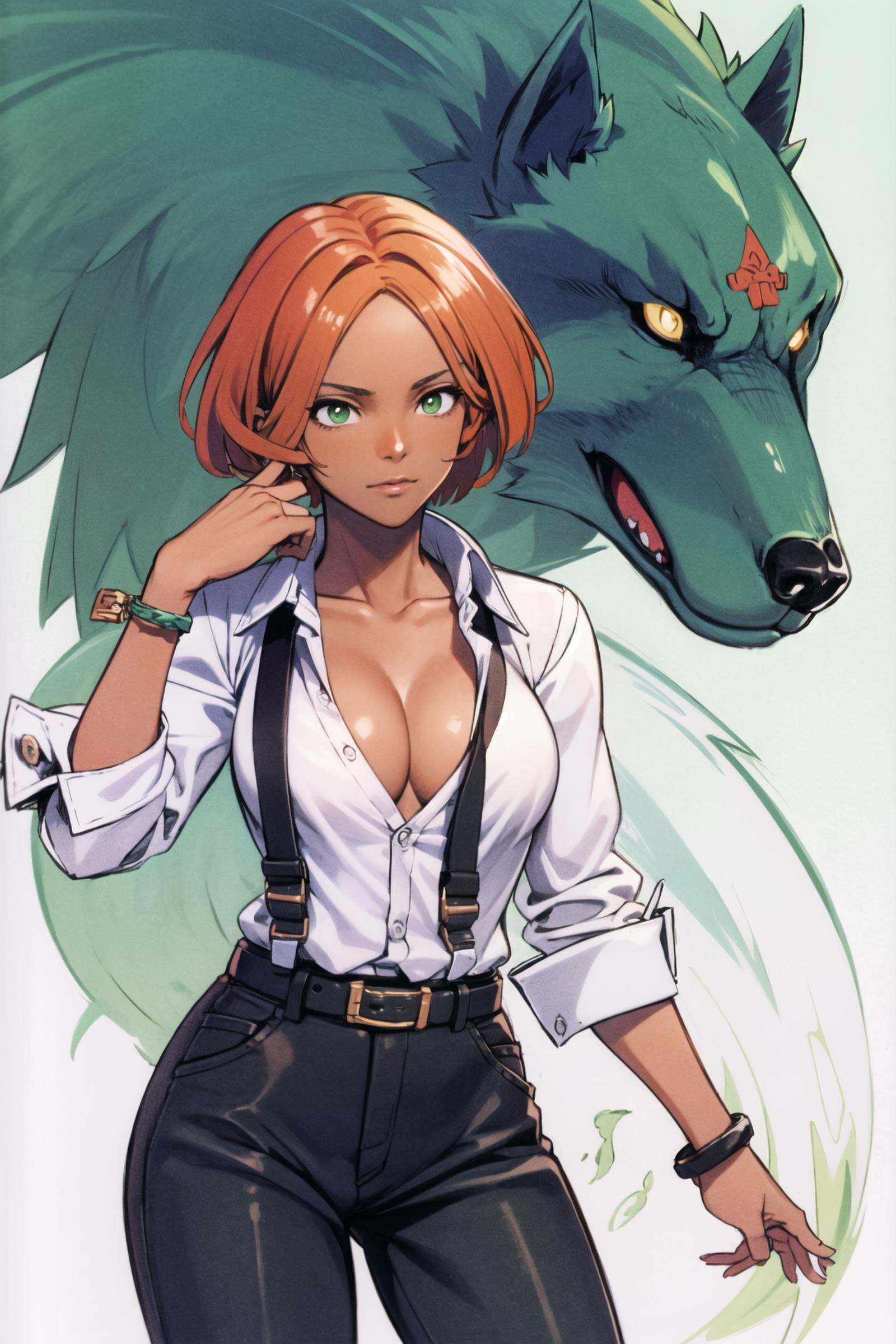 1girl, solo, dark skin, black pants, GiovannaMS, orange hair, green wolf, large breasts, white shirt,<lora:Daisuke Ishiwatari:0.7>, <lora:Giovanna:0.8>