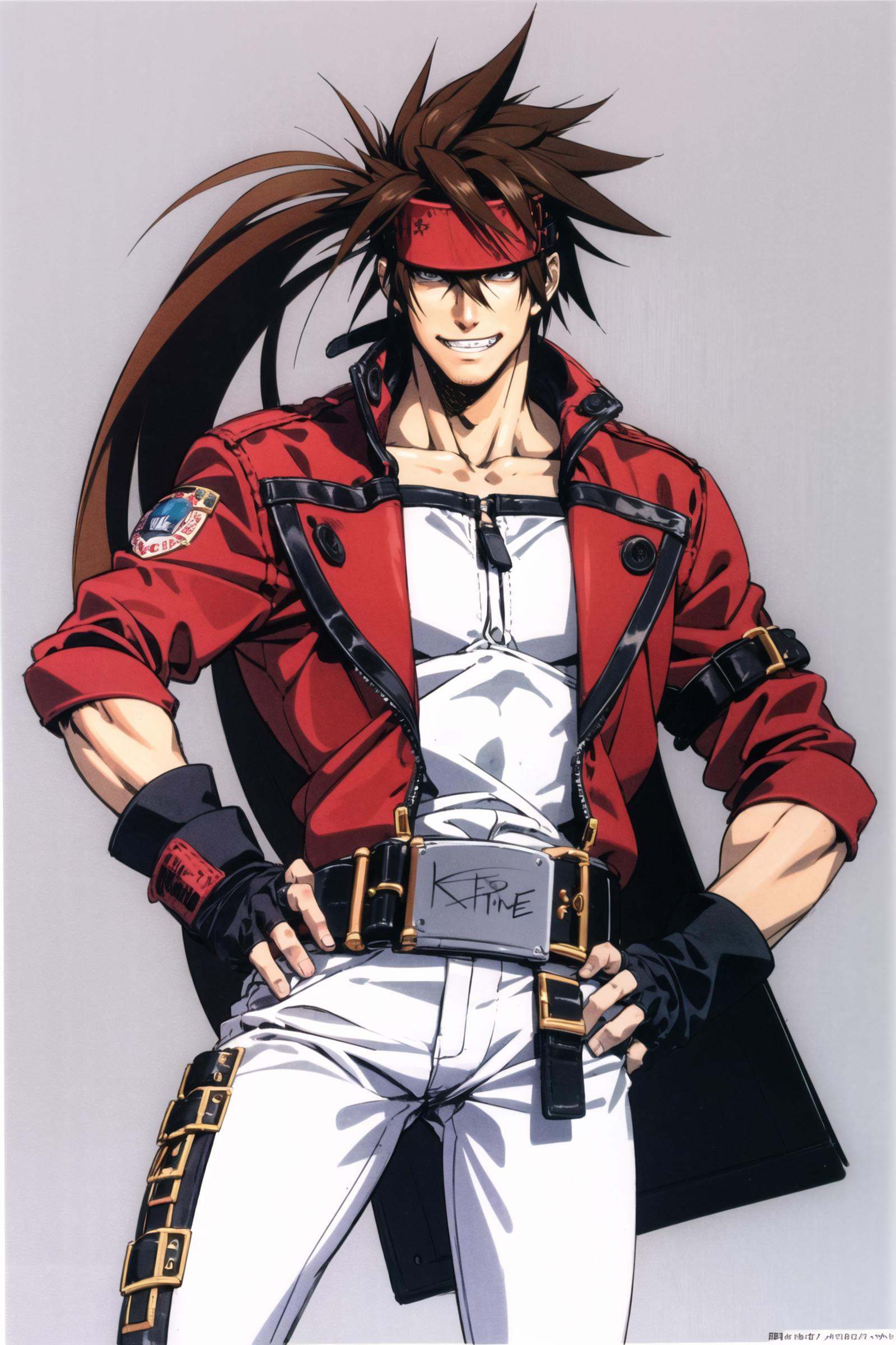 cowboy shot, solo, male focus, 1boy, sol badguy, grin, looking at viewer, hand on hip, brown hair, ponytail, headband, red jacket, white pants, fingerless gloves, belt, simple background,  <lora:Daisuke Ishiwatari:0.7>, <lora:Sol Badguy:0.8>