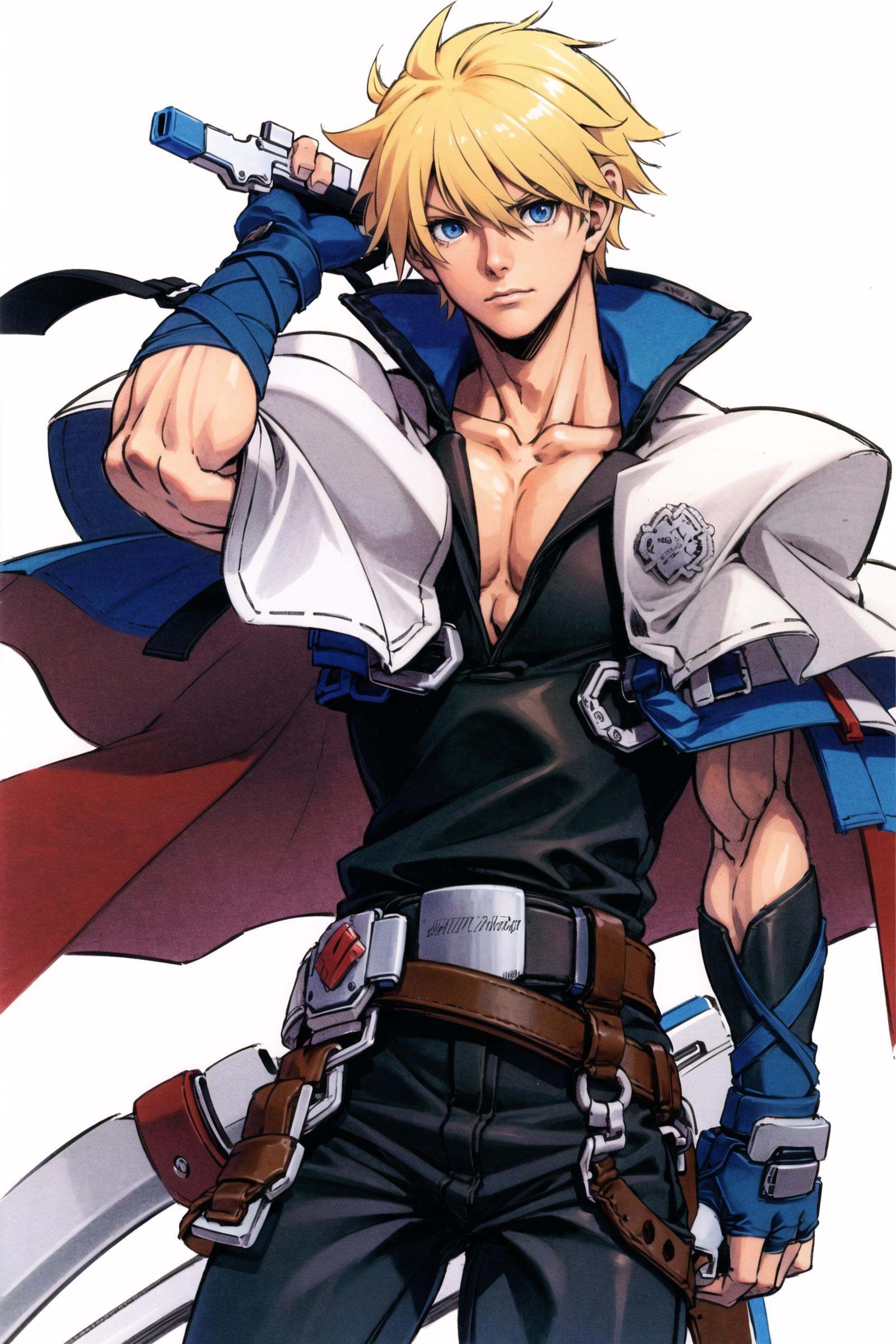 cowboy shot, solo, male focus, 1boy, ggskykiske, weapon, blonde hair, sword, blue eyes, gloves, fingerless gloves, ponytail, long hair, capelet, belt, simple background,   <lora:Daisuke Ishiwatari:0.7>, <lora:Ky Kiske:0.8>