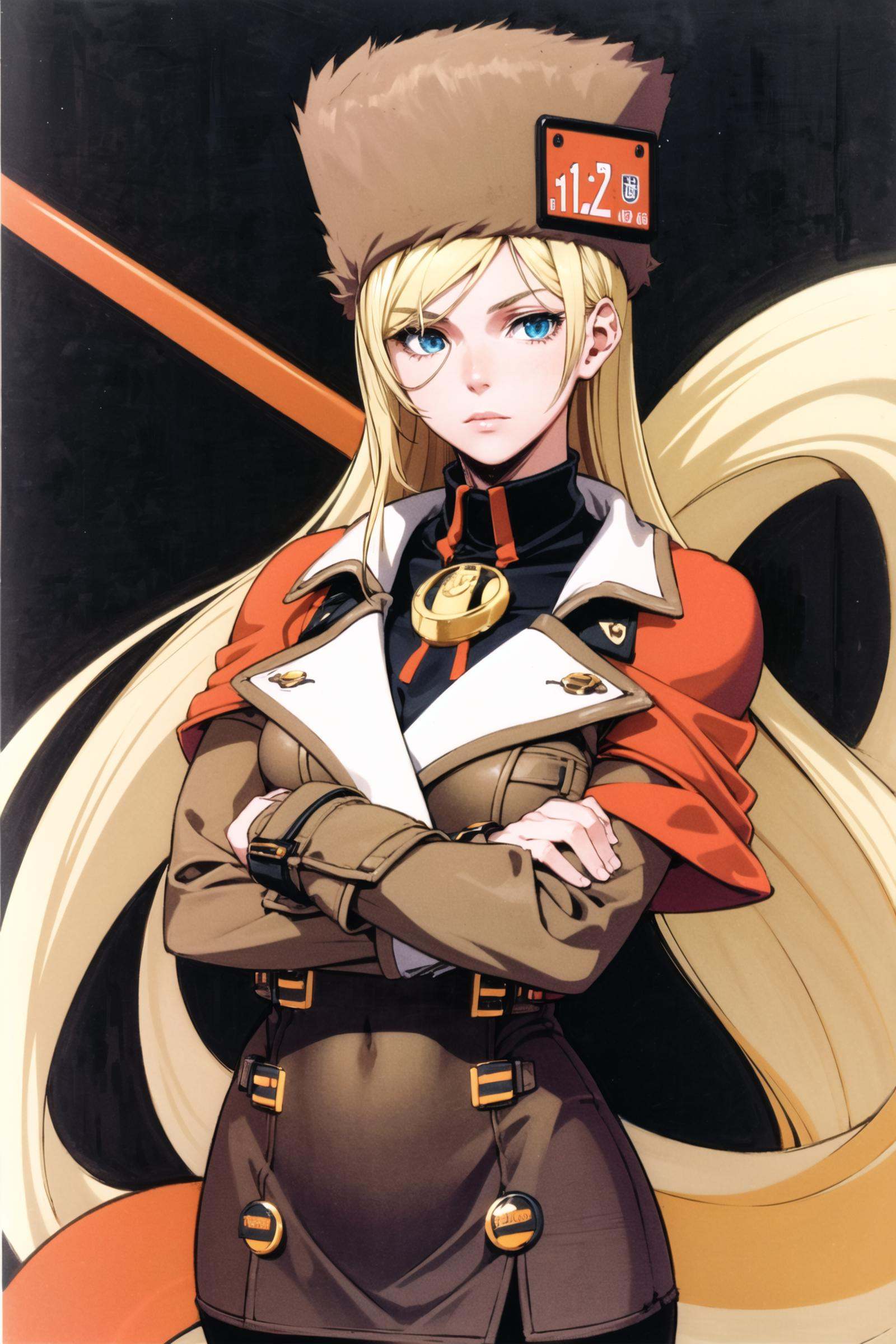 solo, 1girl, strmillia, expressionless, looking at viewer, crossed arms, fur hat, coat, fingerless gloves, pantyhose, <lora:Daisuke Ishiwatari:0.7>, <lora:Millia Rage:0.8>