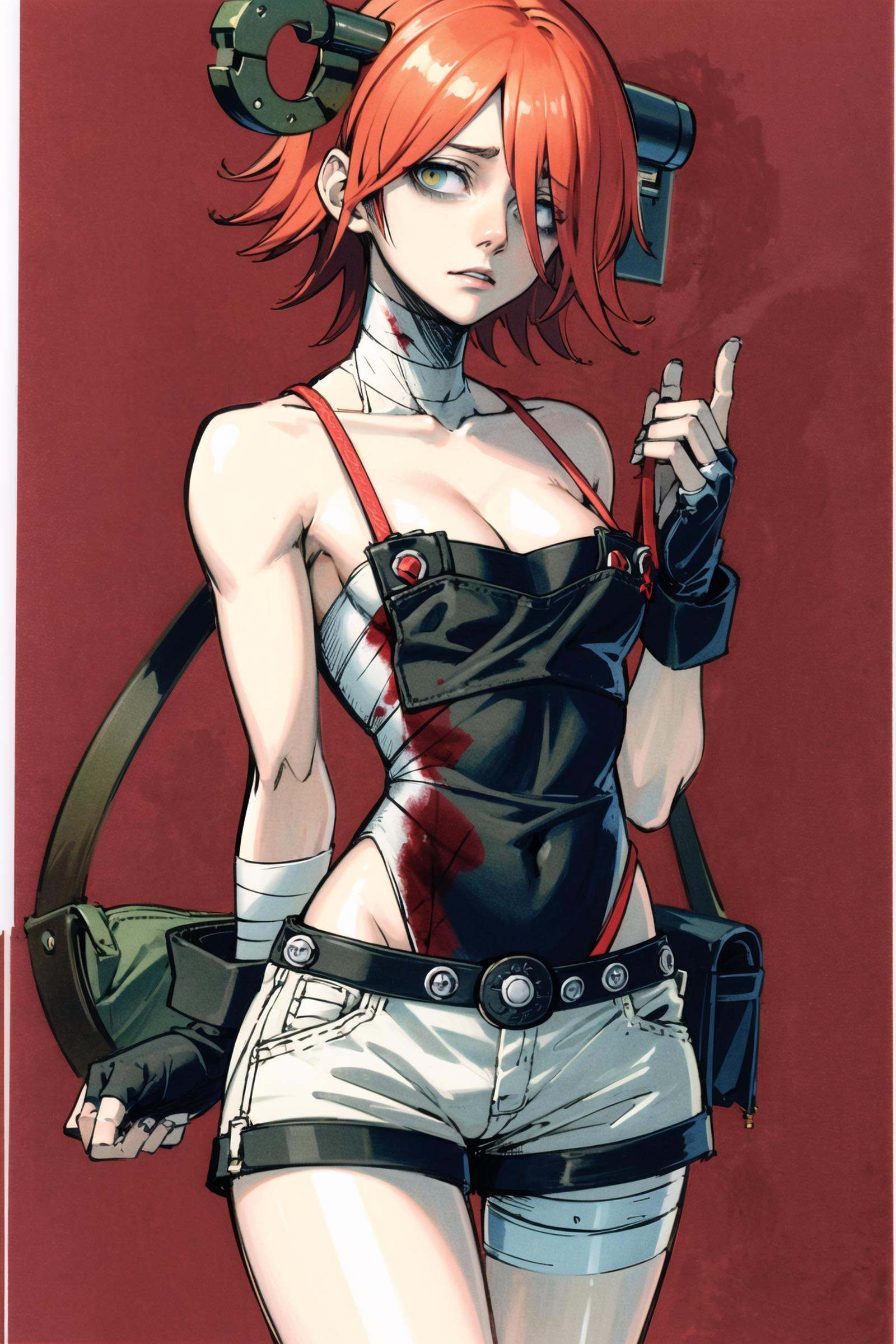 cowboy shot, solo, 1girl, a.b.a, expressionless, looking at viewer, seiza, hair over one eye, object through head, key, bags under eyes, blood on clothes, shorts, (fingerless gloves:1.1), bandages, <lora:Daisuke Ishiwatari:0.6>, <lora:A.B.A:0.8>