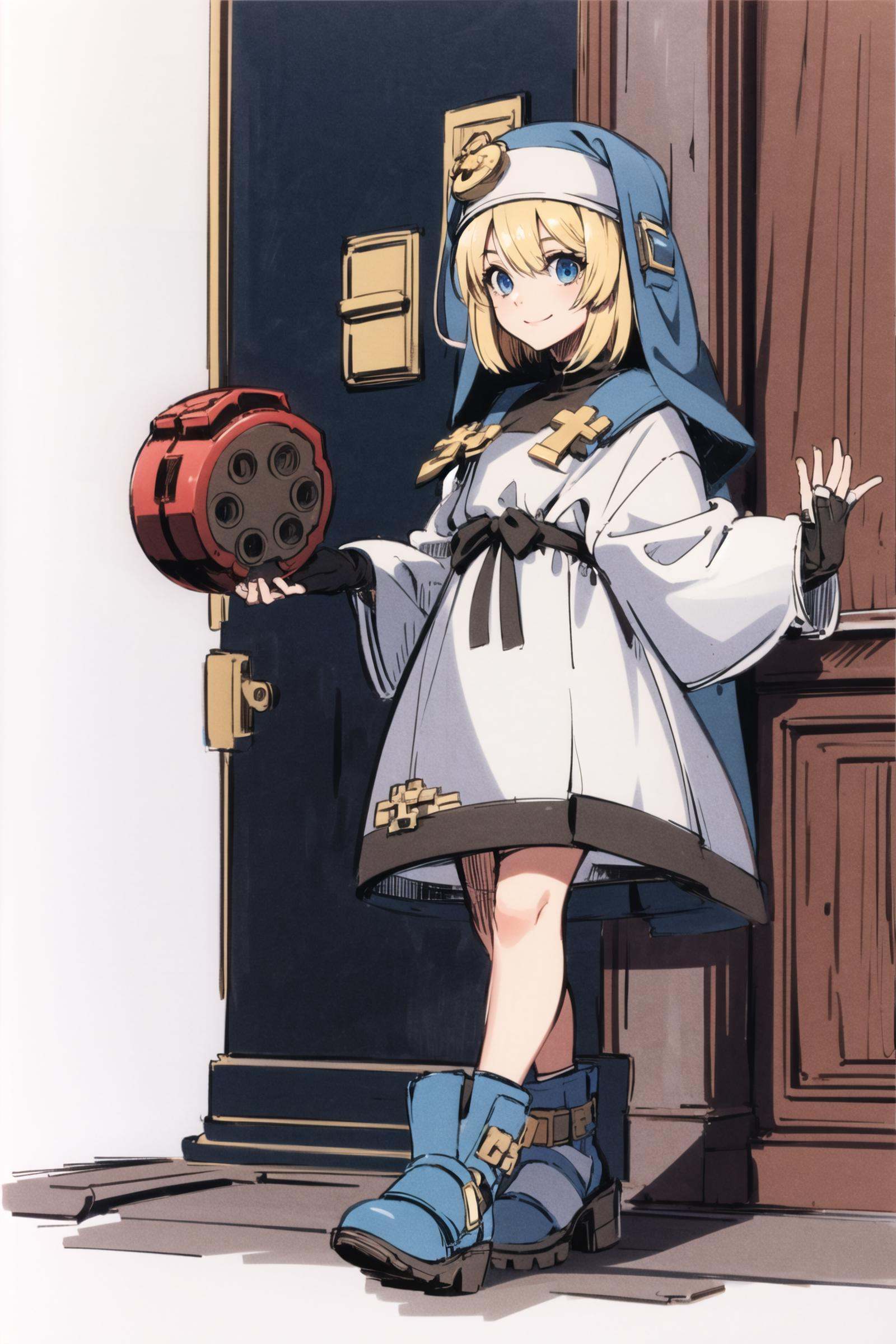ggsbridget,solo, 1girl, yo-yo, ggsbridget, bridget (guilty gear),  blonde hair, gloves, fingerless gloves, blue eyes, nun, habit, simple background, cross, smile, boots, white background, wrist cuffs,  <lora:Daisuke Ishiwatari:0.8>, <lora:Bridget:0.7>