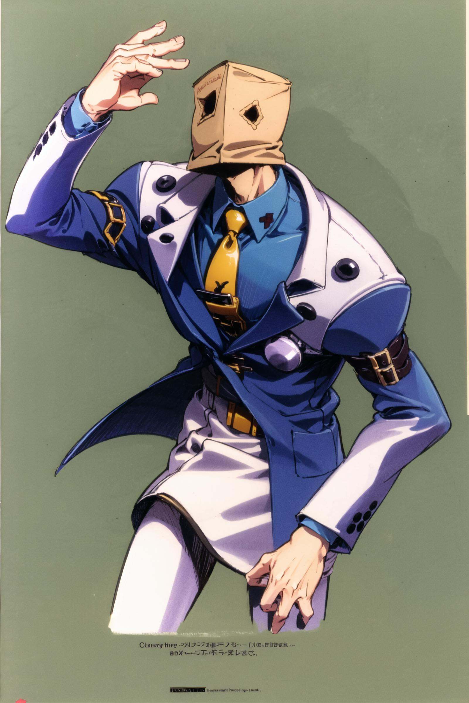 cowboy shot, solo, male focus, 1boy, faust, hand in pocket, paper bag, formal, blue shirt, yellow necktie, white pants,  <lora:Daisuke Ishiwatari:0.7>, <lora:Faust:0.8>