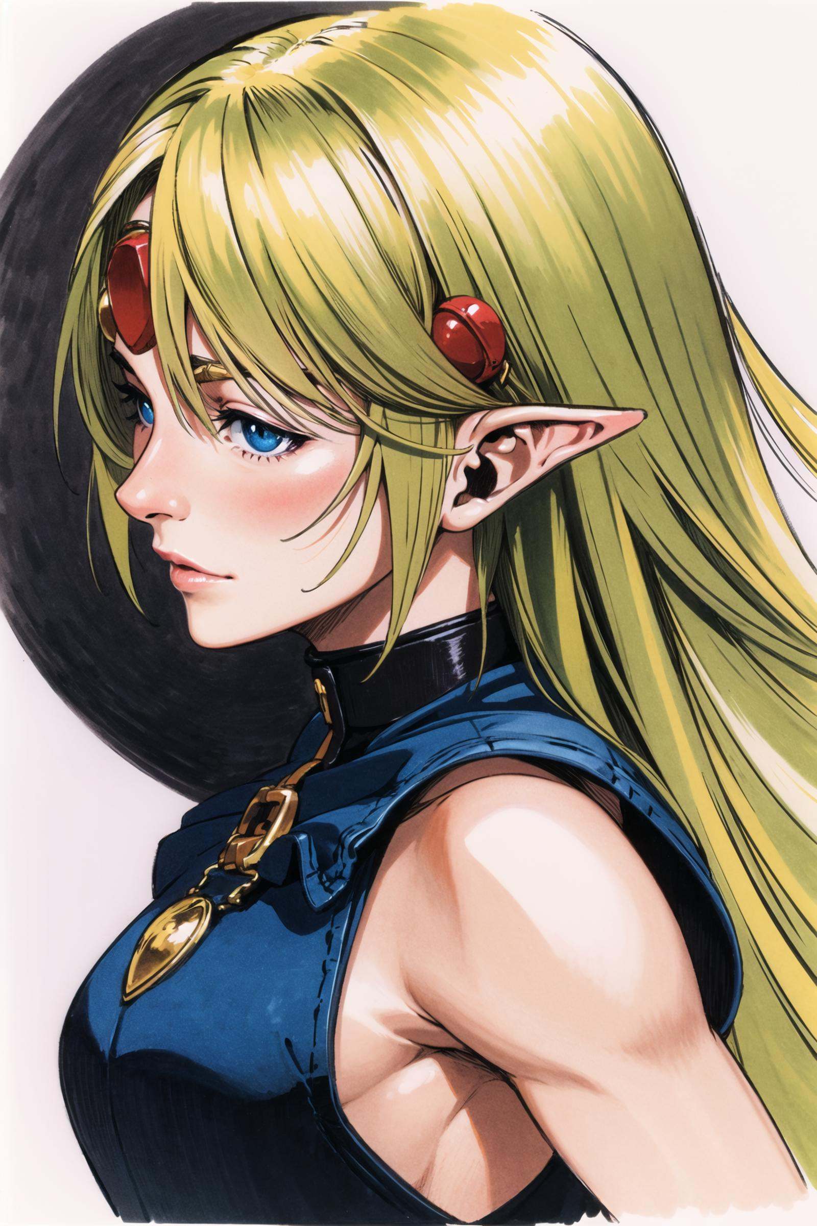 1girl, solo, pointy ears, blonde hair, elf, long hair, blue eyes, traditional media, signature, profile, white background, sleeveless, circlet, simple background, upper body, fingernails,   <lora:Daisuke Ishiwatari:0.8>