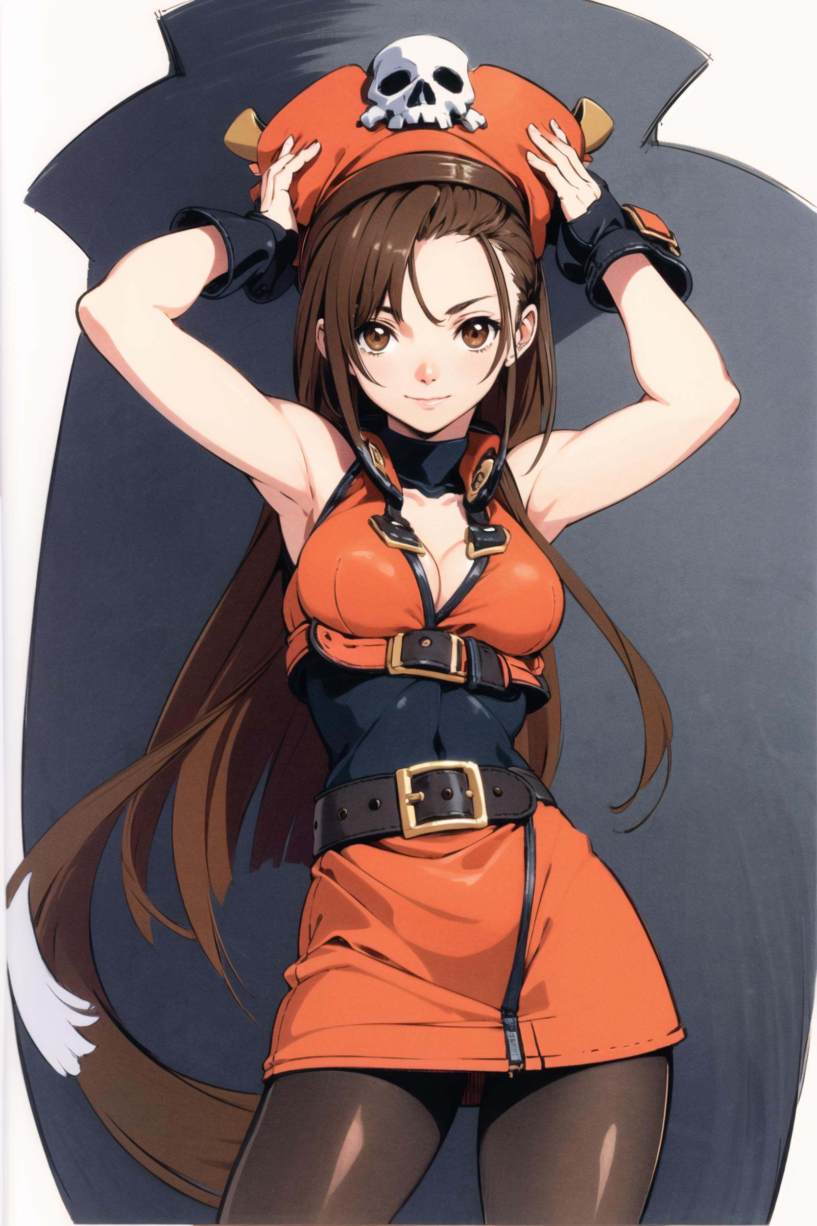 1girl, solo, may \(guilty gear\), brown hair, hat, long hair, brown eyes, orange headwear, pirate hat, pantyhose, pirate, gloves, fingerless gloves, armpits, skull and crossbones, arms up, belt, <lora:Daisuke Ishiwatari:0.8>