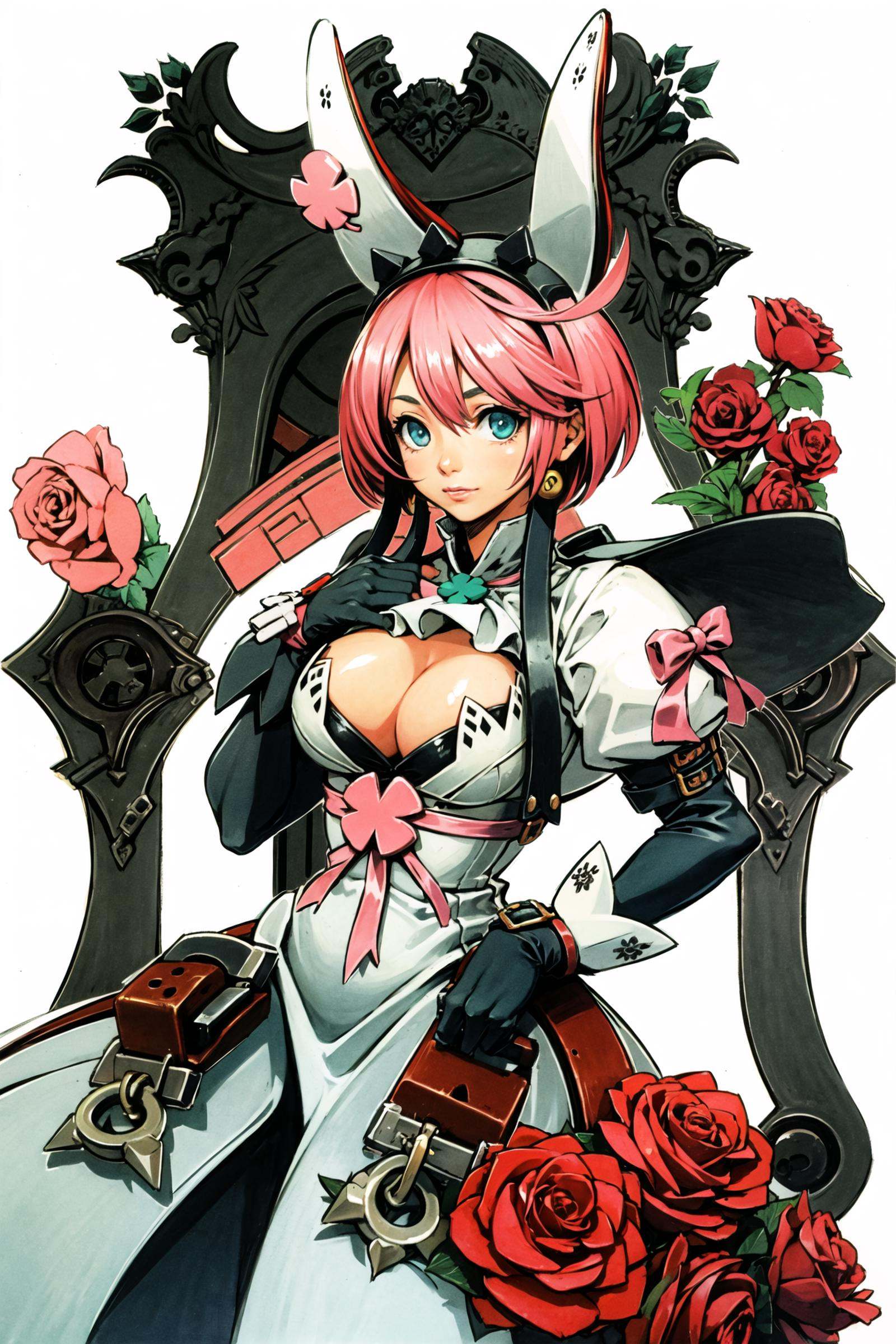 cowboy shot, 1girl, xrd, elpheltms, four-leaf clover, dress, animal ears,gloves, hairband, cleavage cutout, rabbit ears, simple background,  <lora:Daisuke Ishiwatari:0.7>, <lora:Elphelt Valentine:0.8>