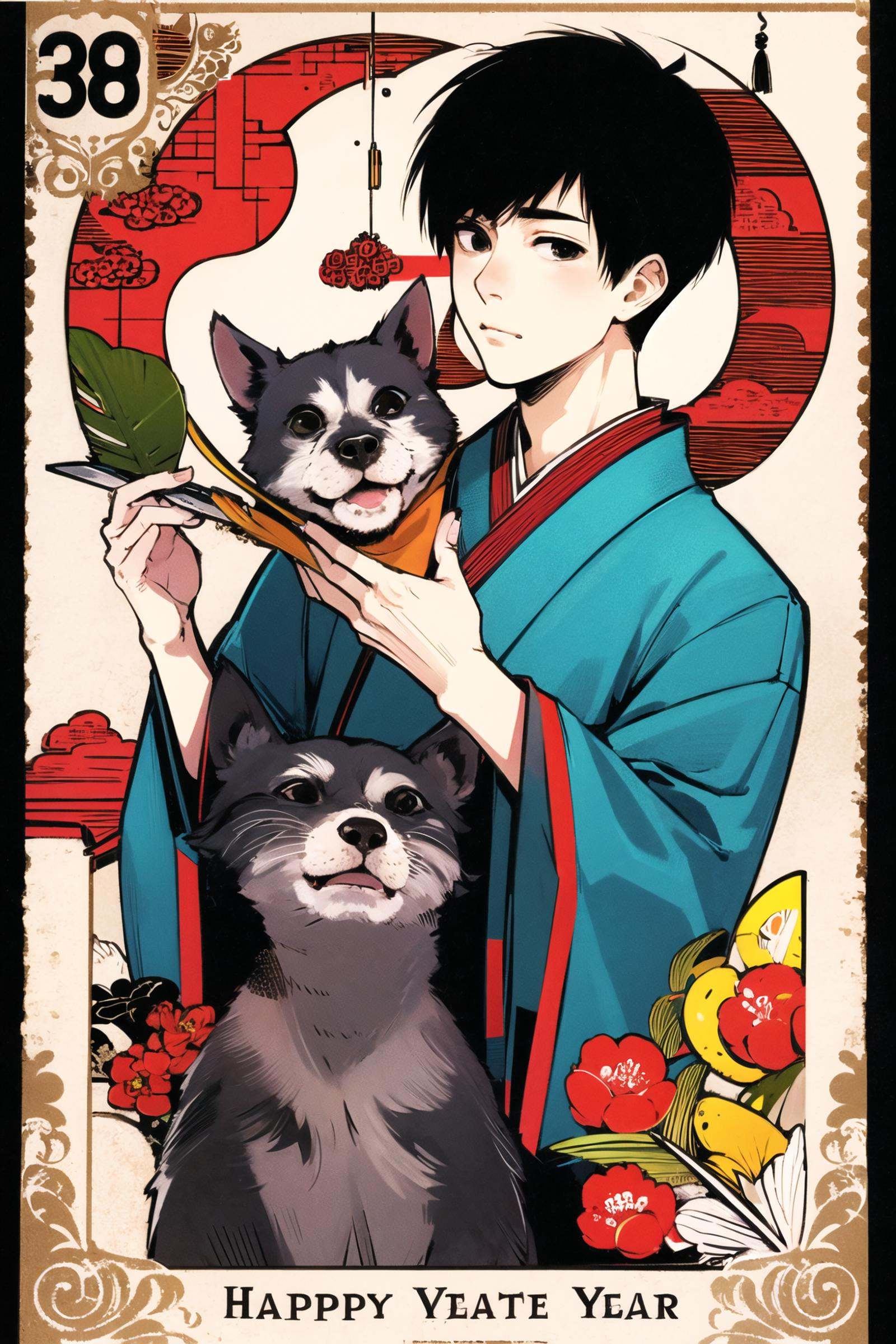 1boy, black hair, male focus, animal, eyepatch, arrow (projectile), black eyes, looking at viewer, holding, solo, closed mouth, japanese clothes, upper body, Kaneki Ken, one eye covered, white background, daruma doll, chinese zodiac, fruit, dog, holding animal, hamaya, new year, bangs, camellia, leaf, short hair, long sleeves, fingernails, tassel, bell, <lora:Ishida Sui:0.8>