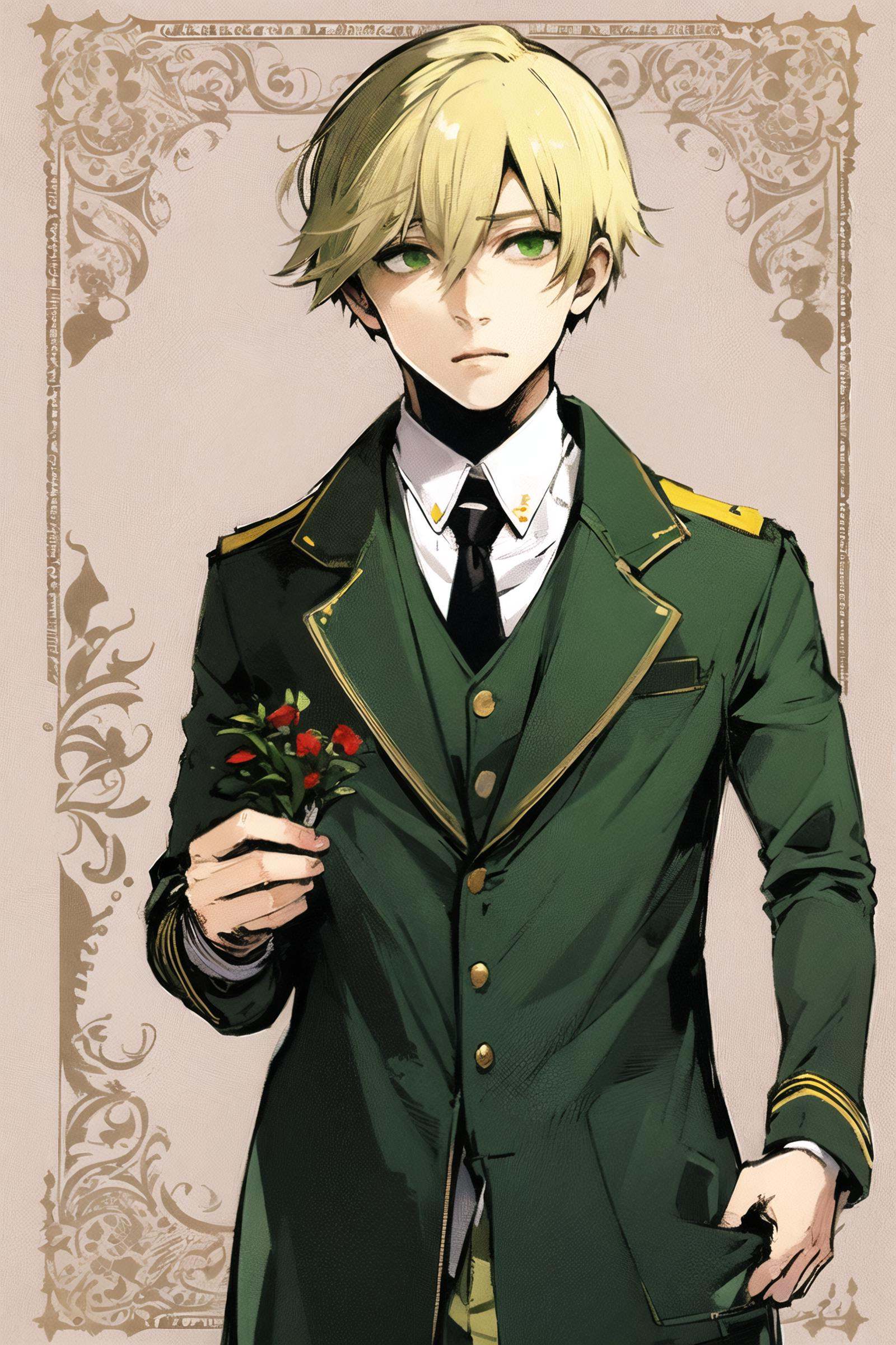 1boy, male focus, solo, flower, necktie, blonde hair, uniform, coat, green eyes, trench coat, black background, military uniform, <lora:Ishida Sui:0.9>